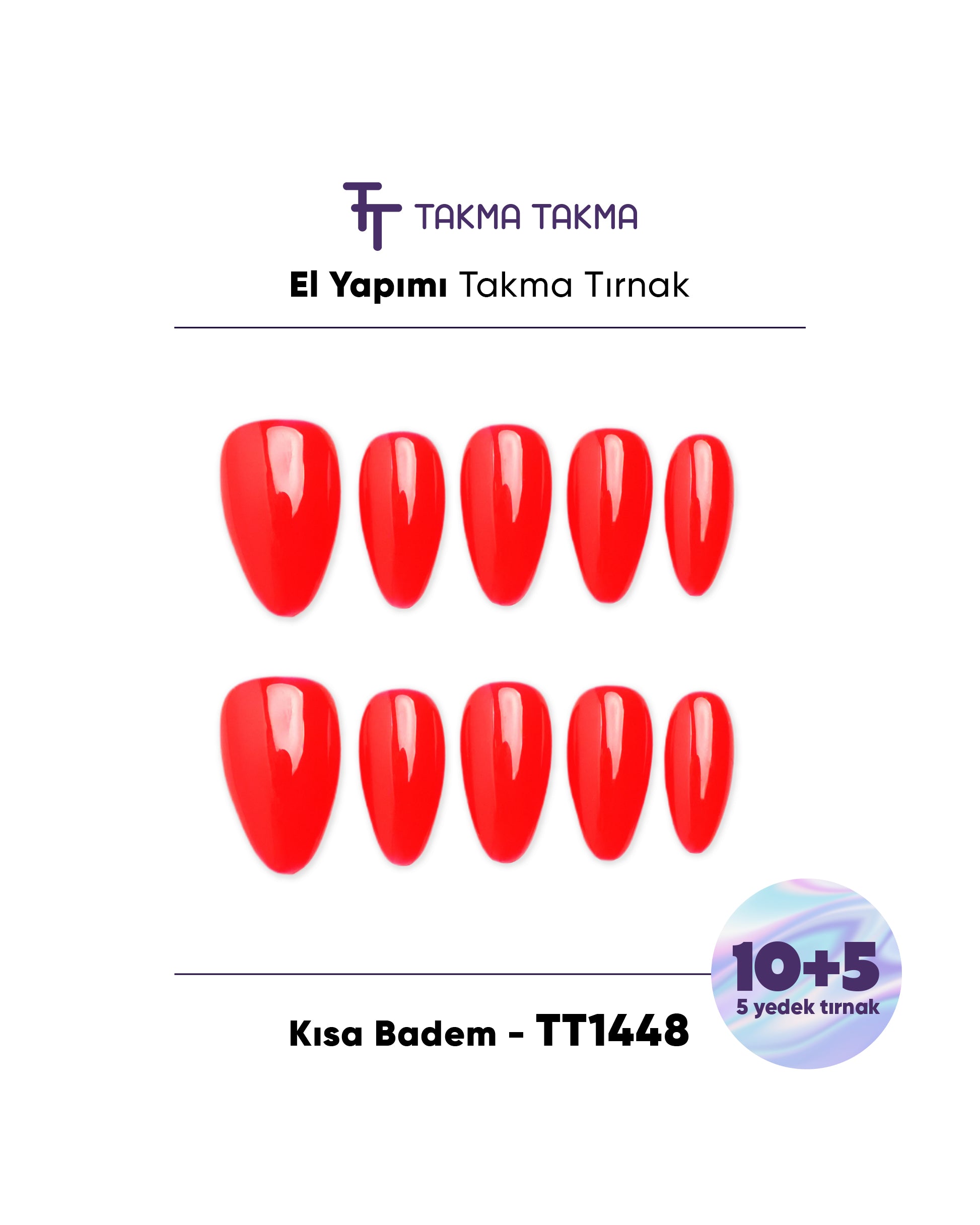 10'lu Kırmızı Uzun Badem TT1448 Tekrar Kullanılabilir El Yapımı Protez Takma Tırnak