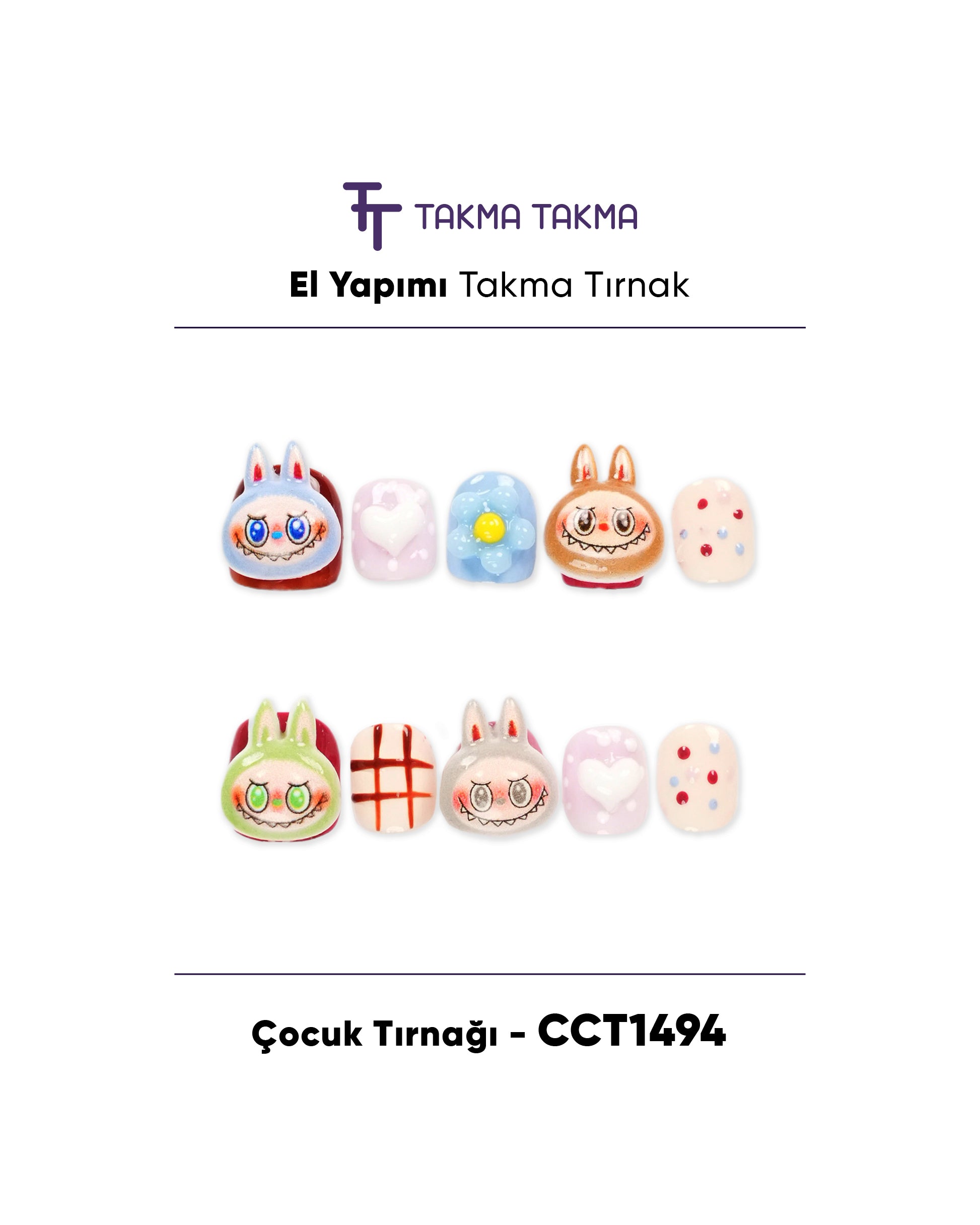 10'lu Renkli Çocuk Tırnağı CCT1494 Tekrar Kullanılabilir El Yapımı Protez Takma Tırnak Takma Takma