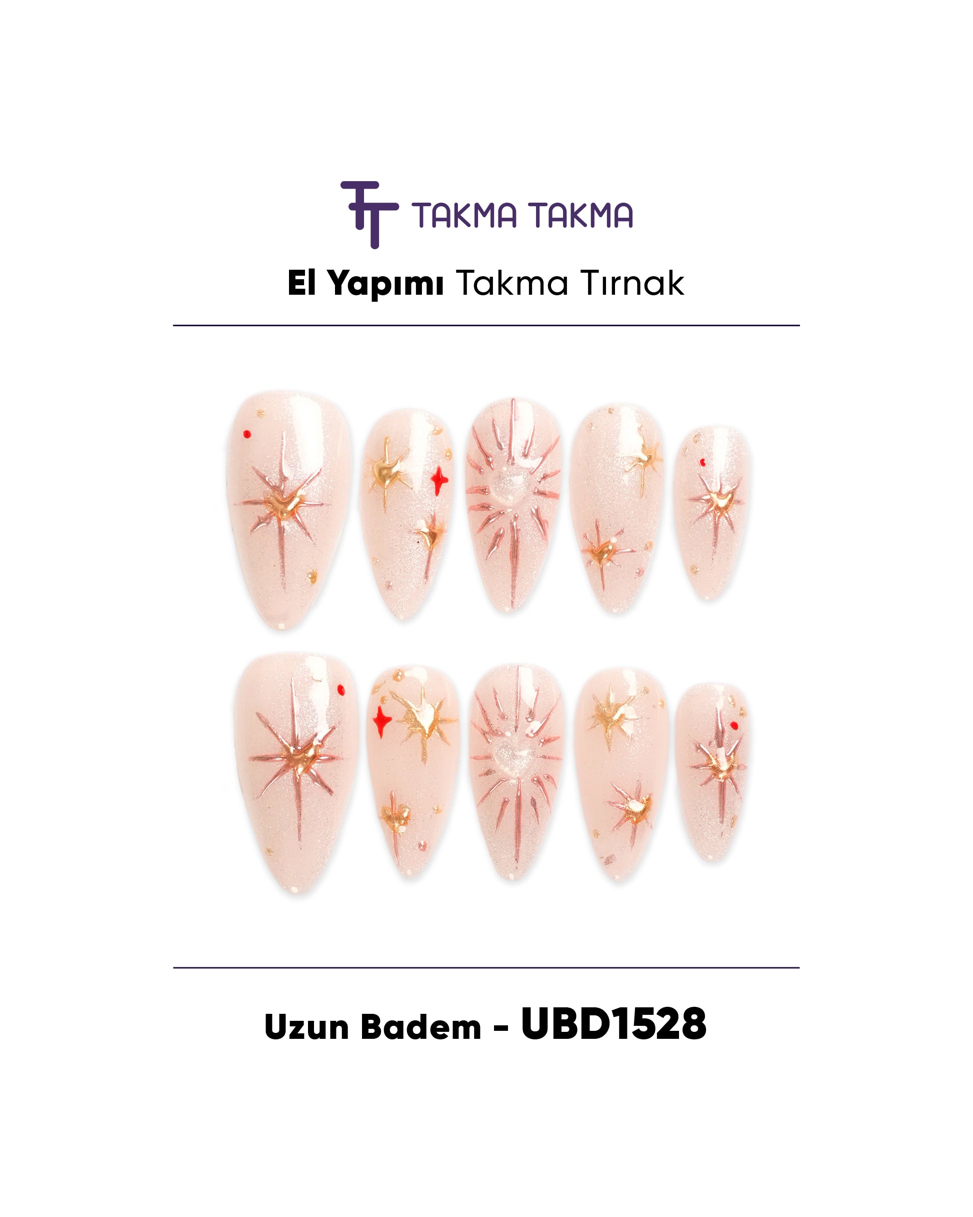 10'lu Ten Uzun Badem UBD1528 Tekrar Kullanılabilir El Yapımı Protez Takma Tırnak Takma Takma