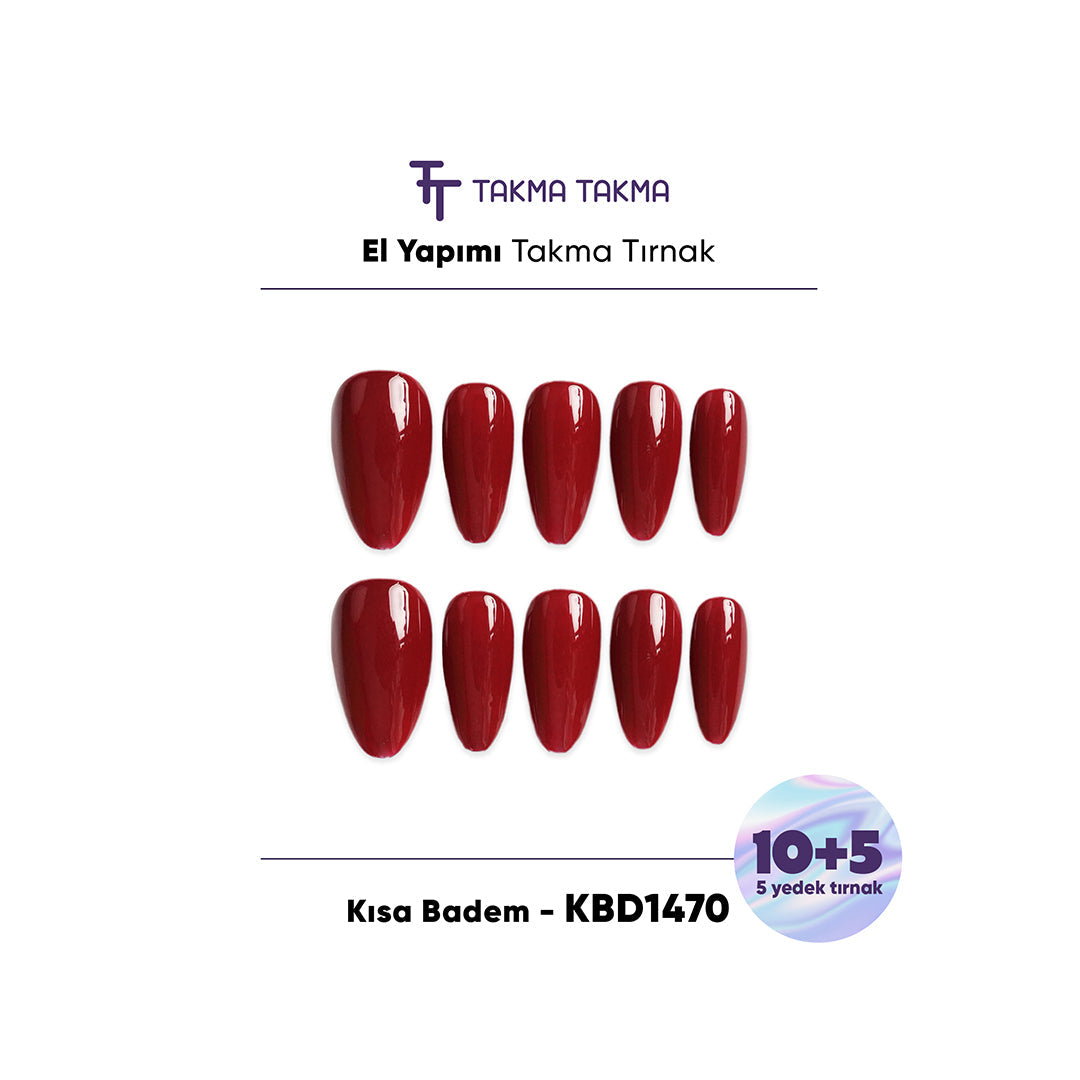15'li Bordo Kısa Badem KBD1470 Tekrar Kullanılabilir El Yapımı Protez Takma Tırnak Takma Takma