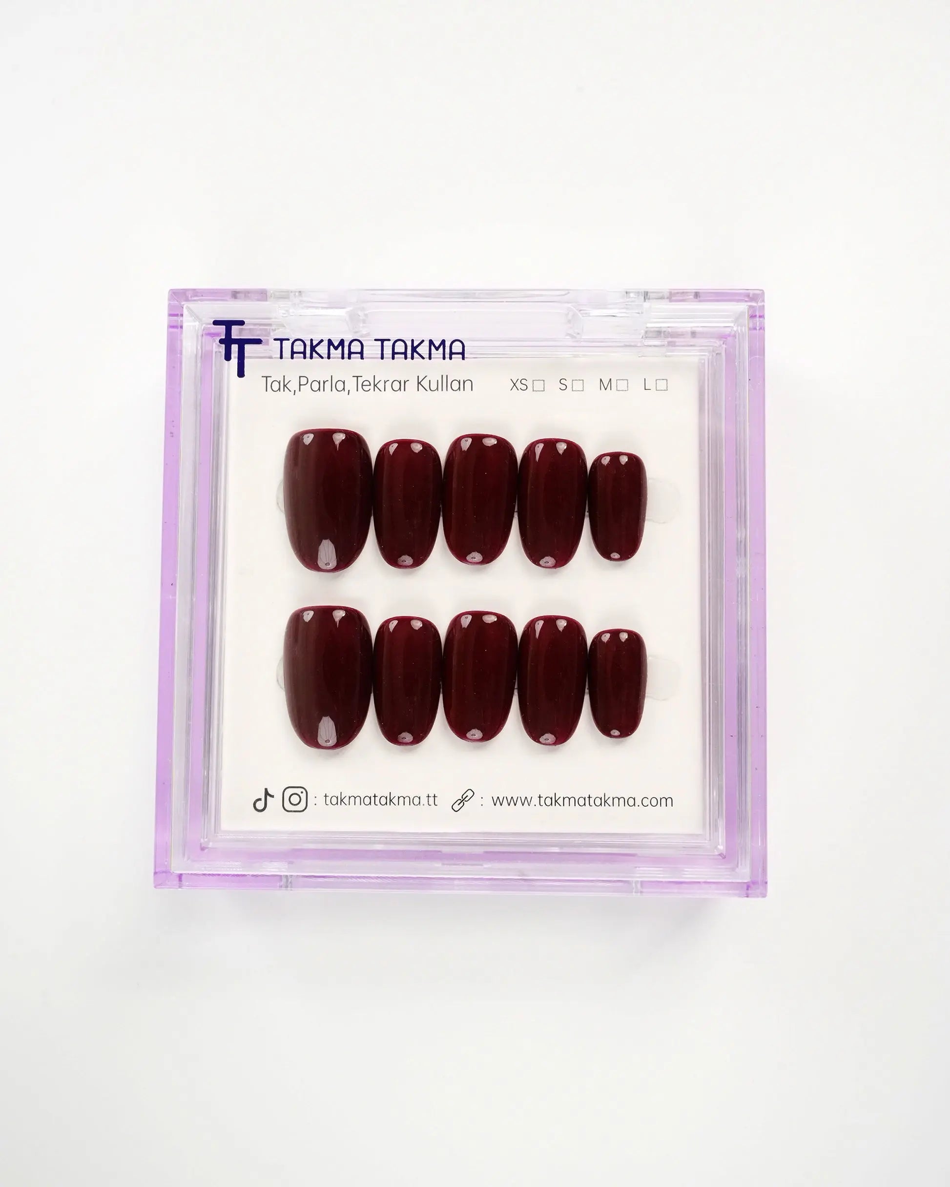 15'li Bordo Kısa Oval TT1420 Tekrar Kullanılabilir El Yapımı Protez Takma Tırnak Takma Takma