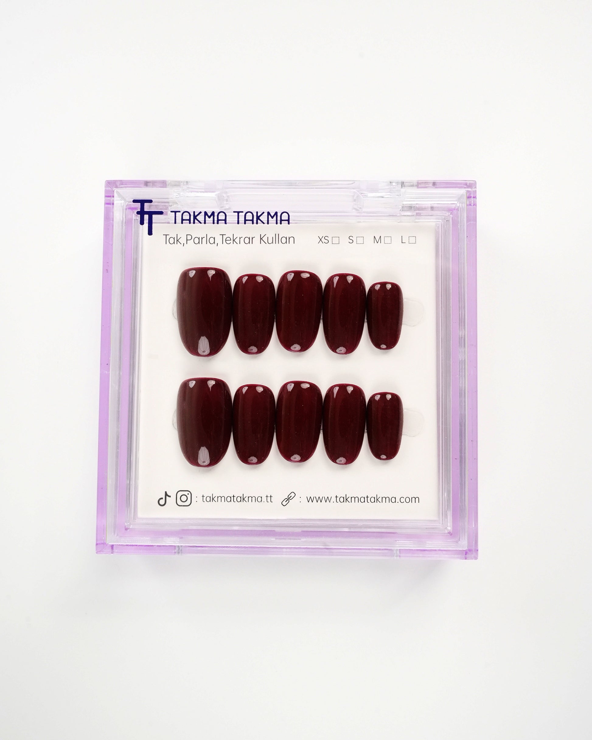 15'li Bordo Kısa Oval TT1420 Tekrar Kullanılabilir El Yapımı Protez Takma Tırnak