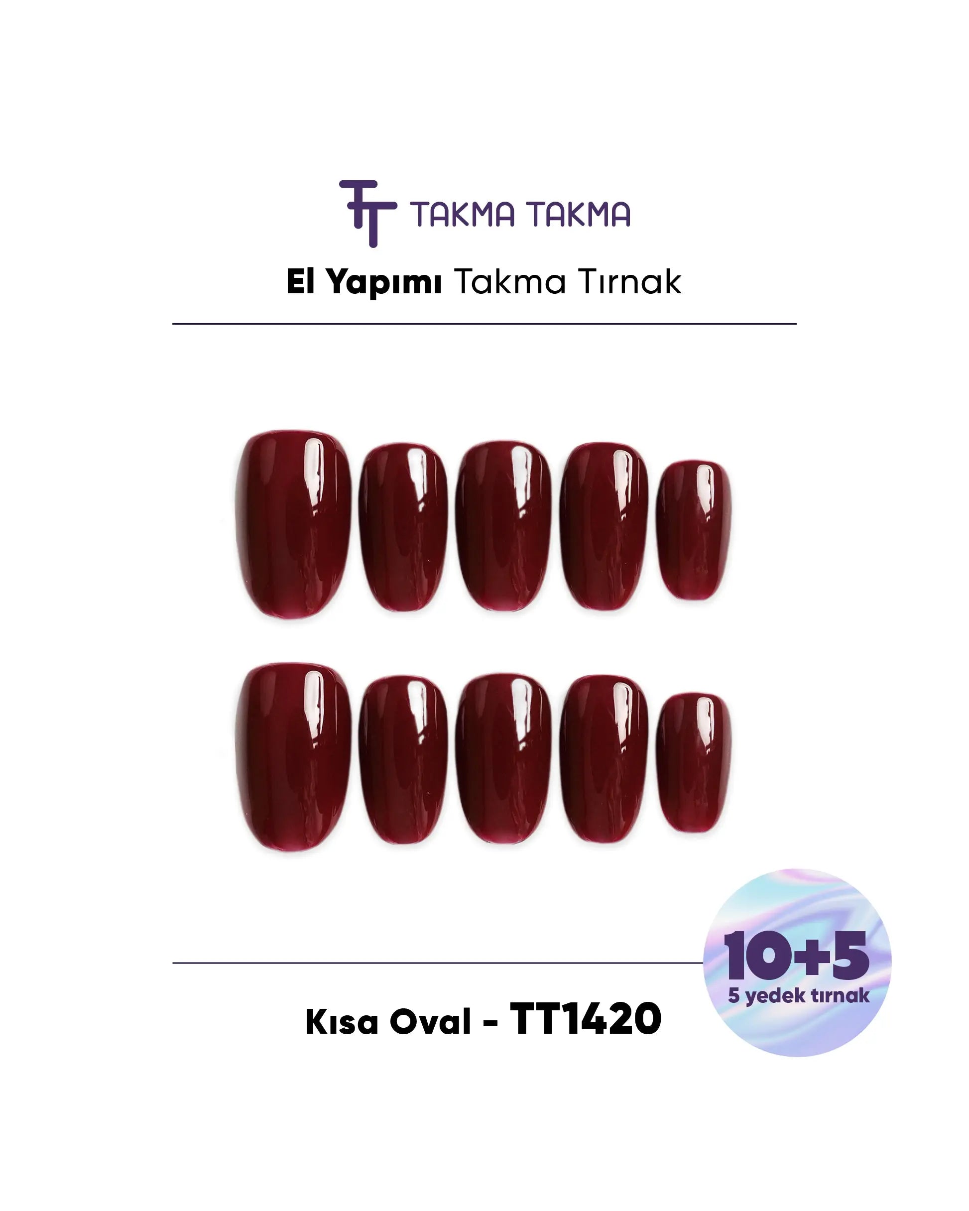 15'li Bordo Kısa Oval TT1420 Tekrar Kullanılabilir El Yapımı Protez Takma Tırnak Takma Takma