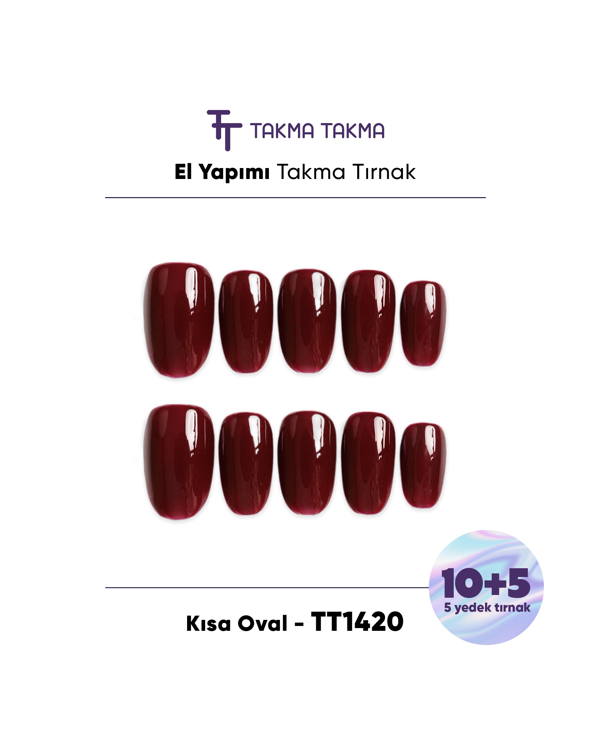 15'li Bordo Kısa Oval TT1420 Tekrar Kullanılabilir El Yapımı Protez Takma Tırnak