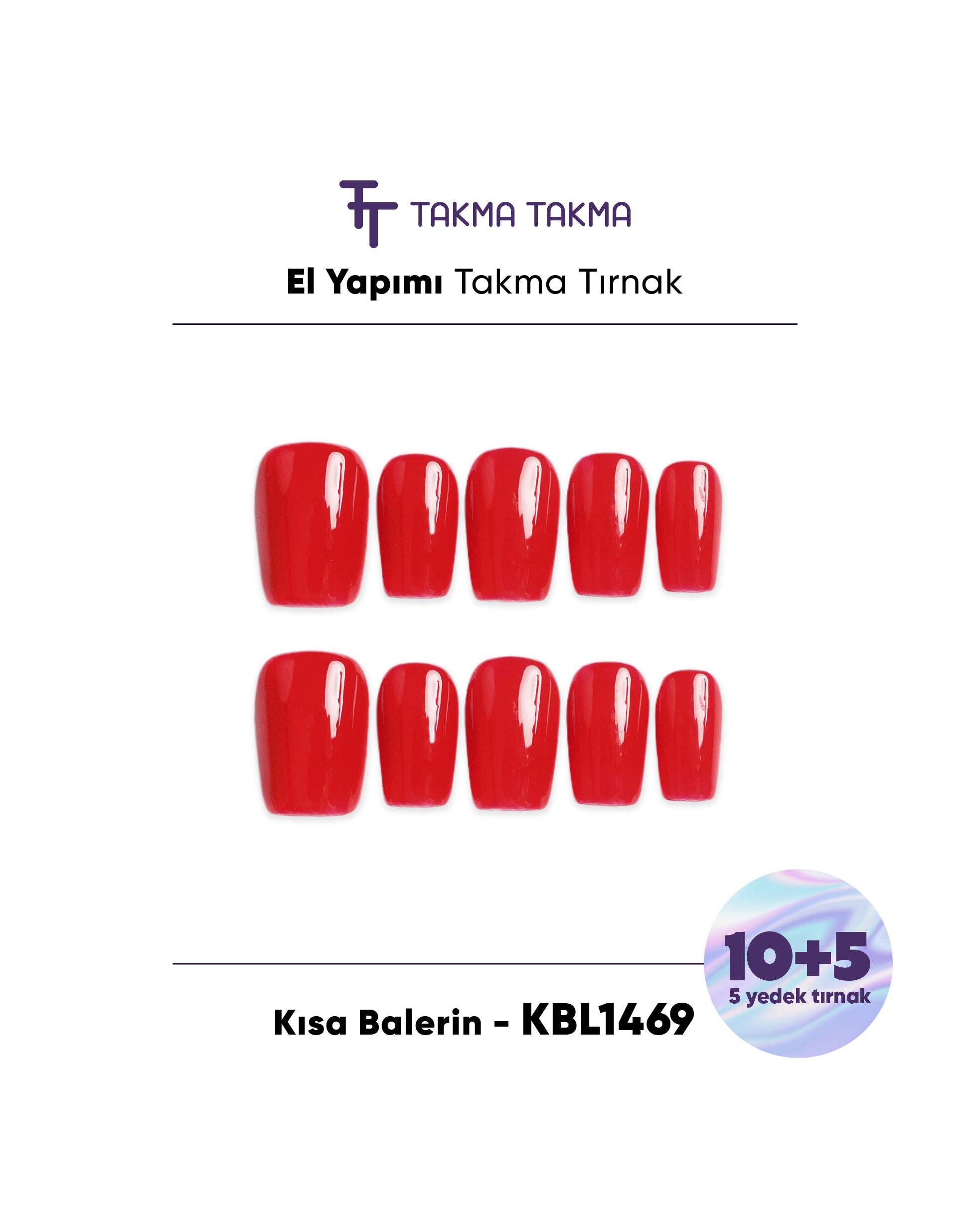 15'li Kırmızı Kısa Balerin KBL1469 Tekrar Kullanılabilir El Yapımı Protez Takma Tırnak Takma Takma