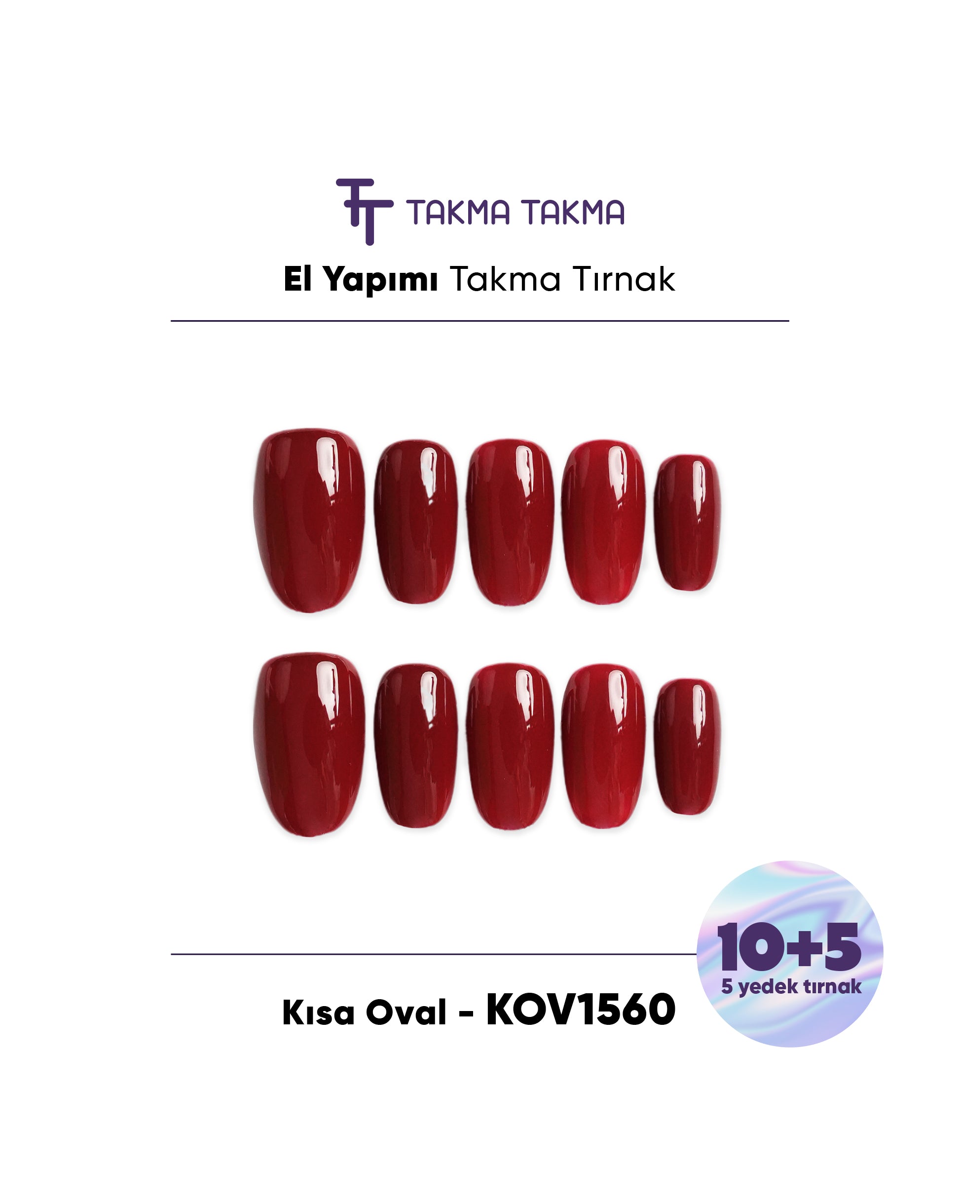 15'li Kırmızı Kısa Oval KOV1560 Tekrar Kullanılabilir El Yapımı Protez Takma Tırnak