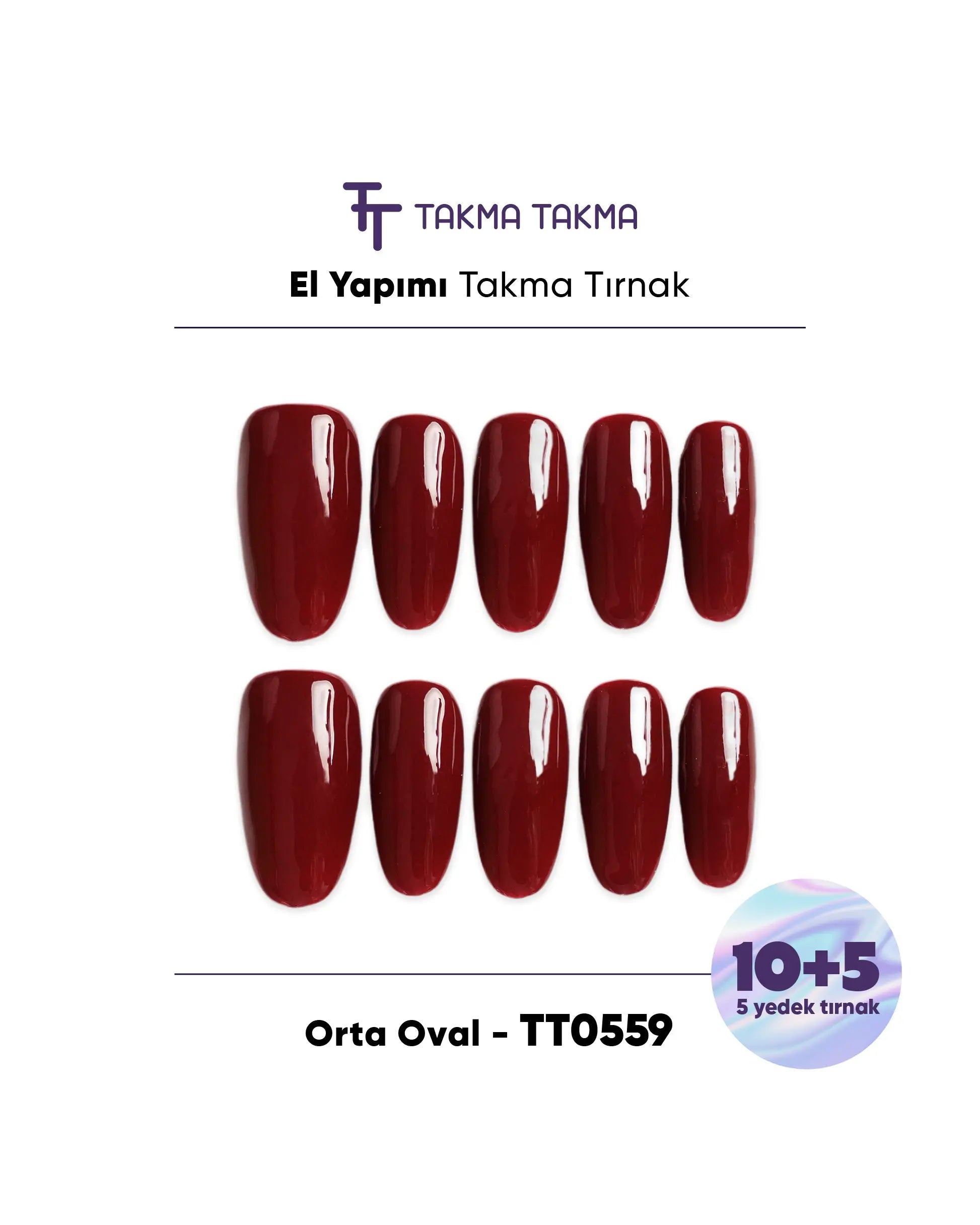 15'li Kırmızı Oval TT0559 Tekrar Kullanılabilir El Yapımı Protez Takma Tırnak Takma Takma
