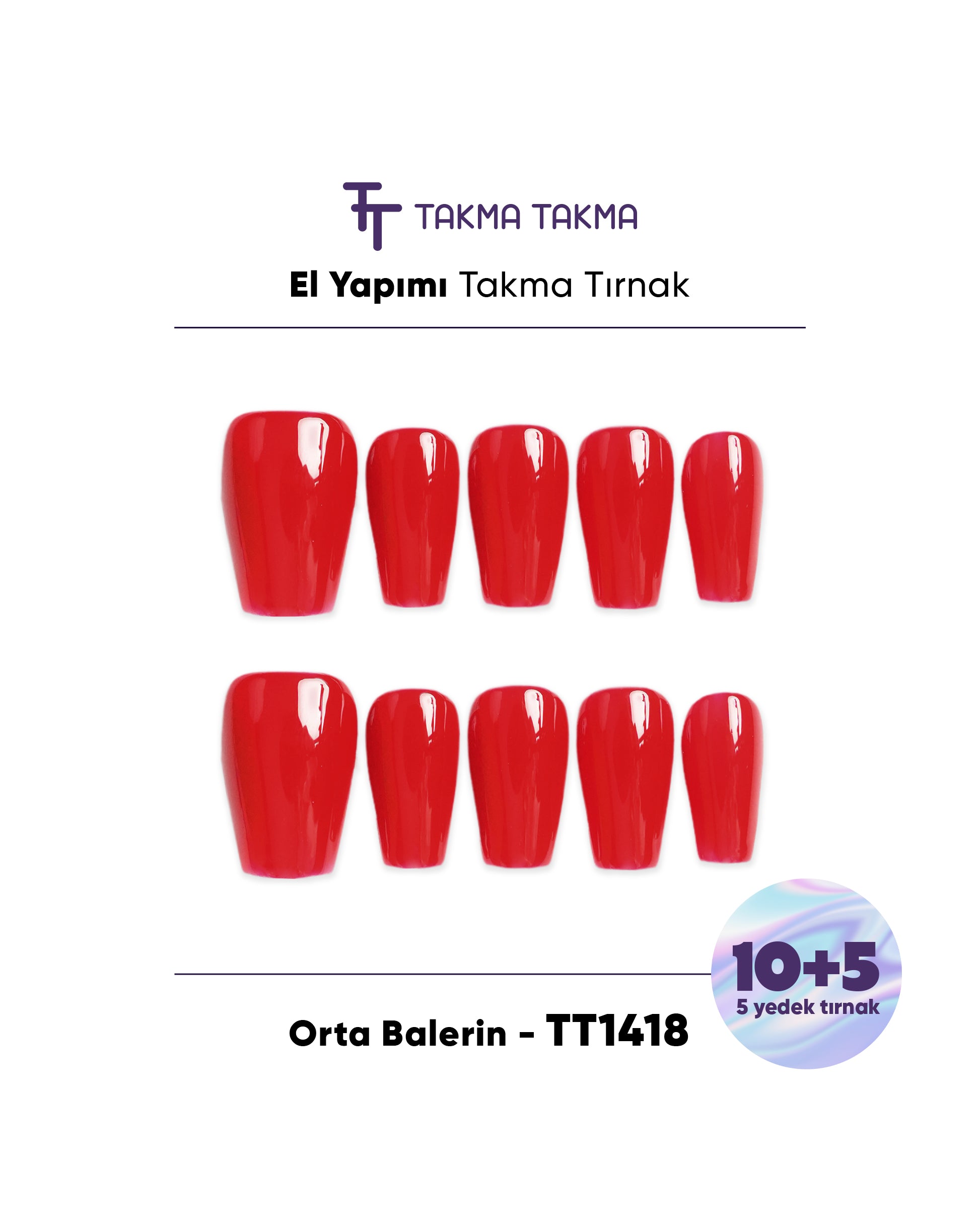 15'li Kırmızı Orta Balerin TT1418 Tekrar Kullanılabilir El Yapımı Protez Takma Tırnak