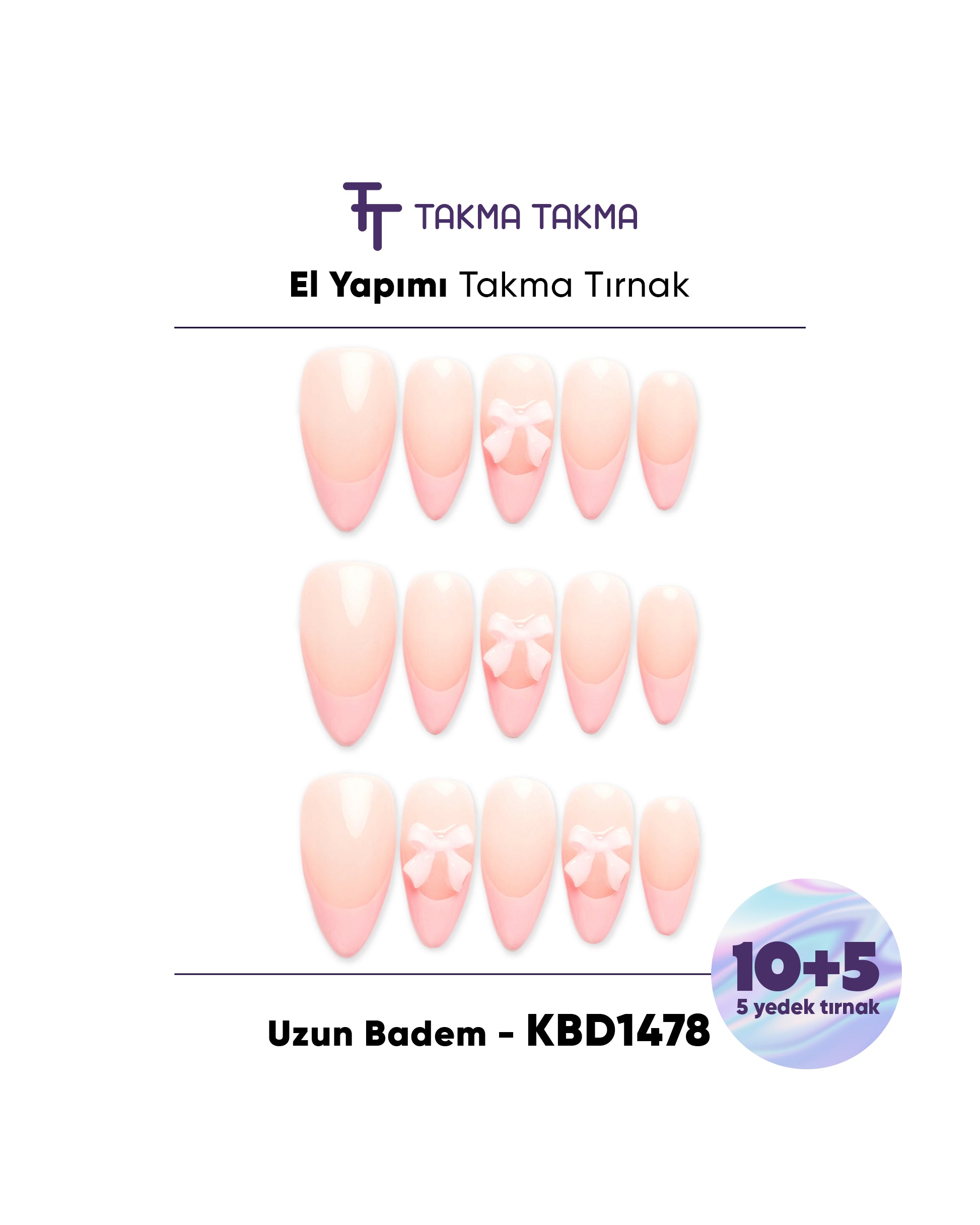 15'li Pembe Uzun Badem KBD1478 Tekrar Kullanılabilir El Yapımı Protez Takma Tırnak Takma Takma