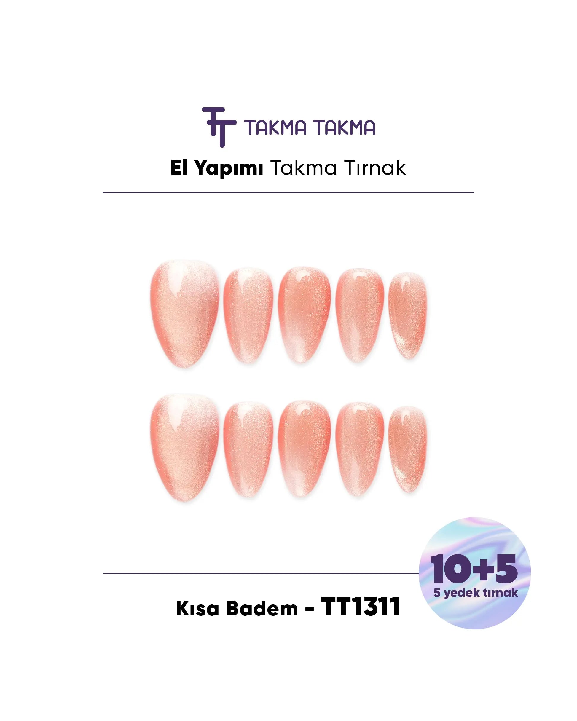 15'li Pembe Kısa Badem TT1311 Tekrar Kullanılabilir El Yapımı Protez Takma Tırnak Takma Takma