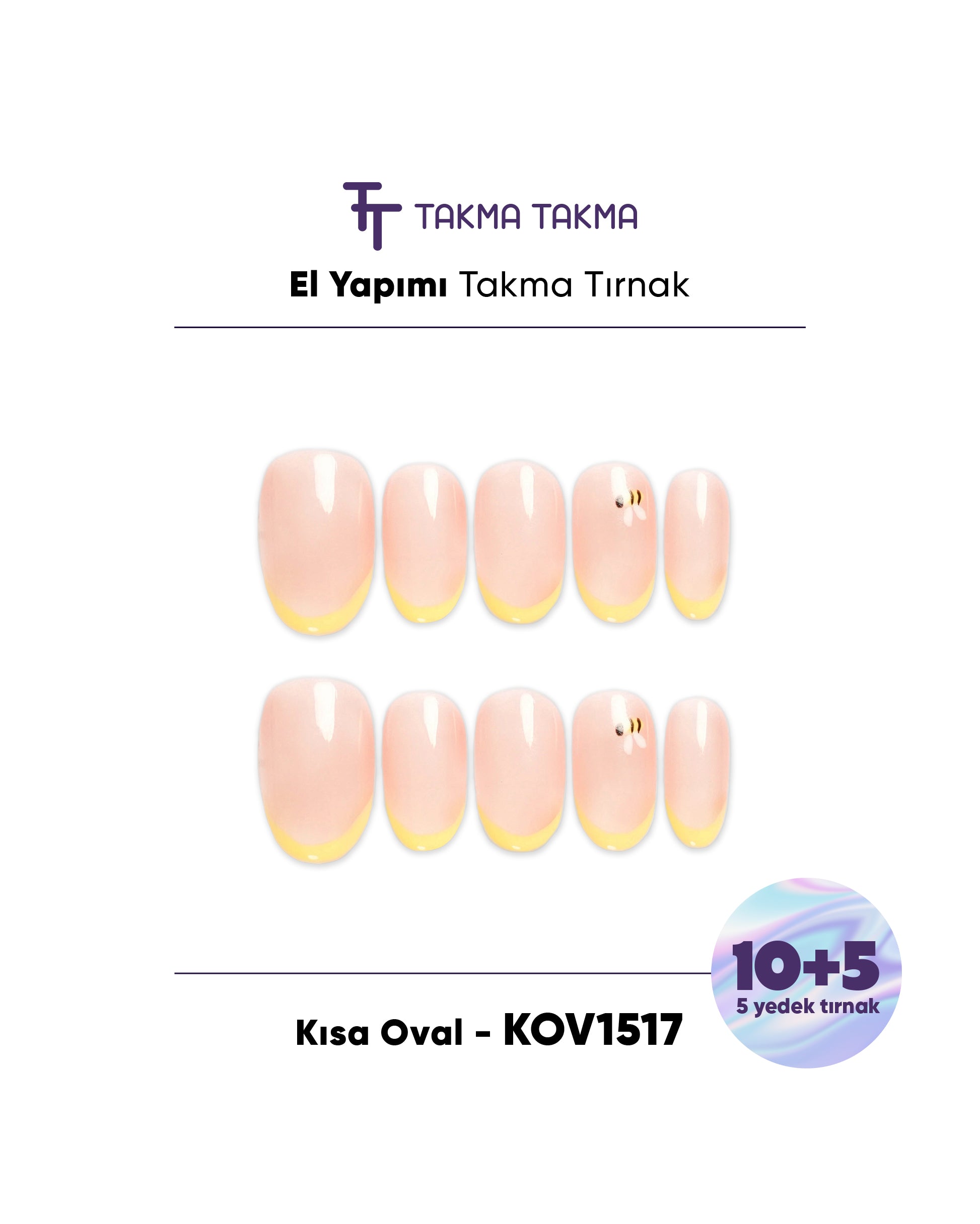 15'li Pembe Kısa Oval KOV1517 Tekrar Kullanılabilir El Yapımı Protez Takma Tırnak Takma Takma