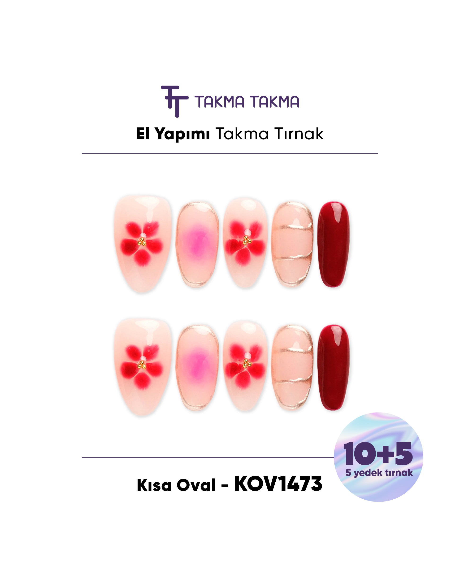 15'li Renkli Kısa Oval KOV1473 Tekrar Kullanılabilir El Yapımı Protez Takma Tırnak Takma Takma