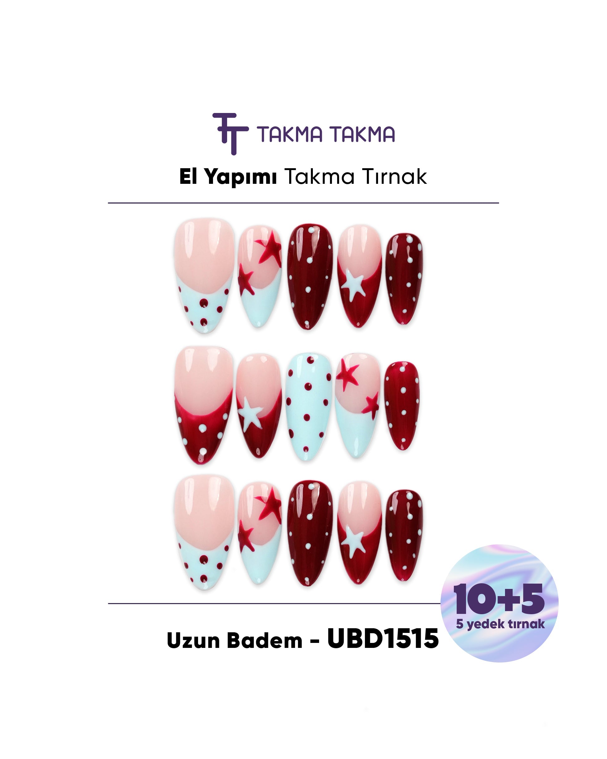 15'li Renkli Uzun Badem UBD1515 Tekrar Kullanılabilir El Yapımı Protez Takma Tırnak Takma Takma