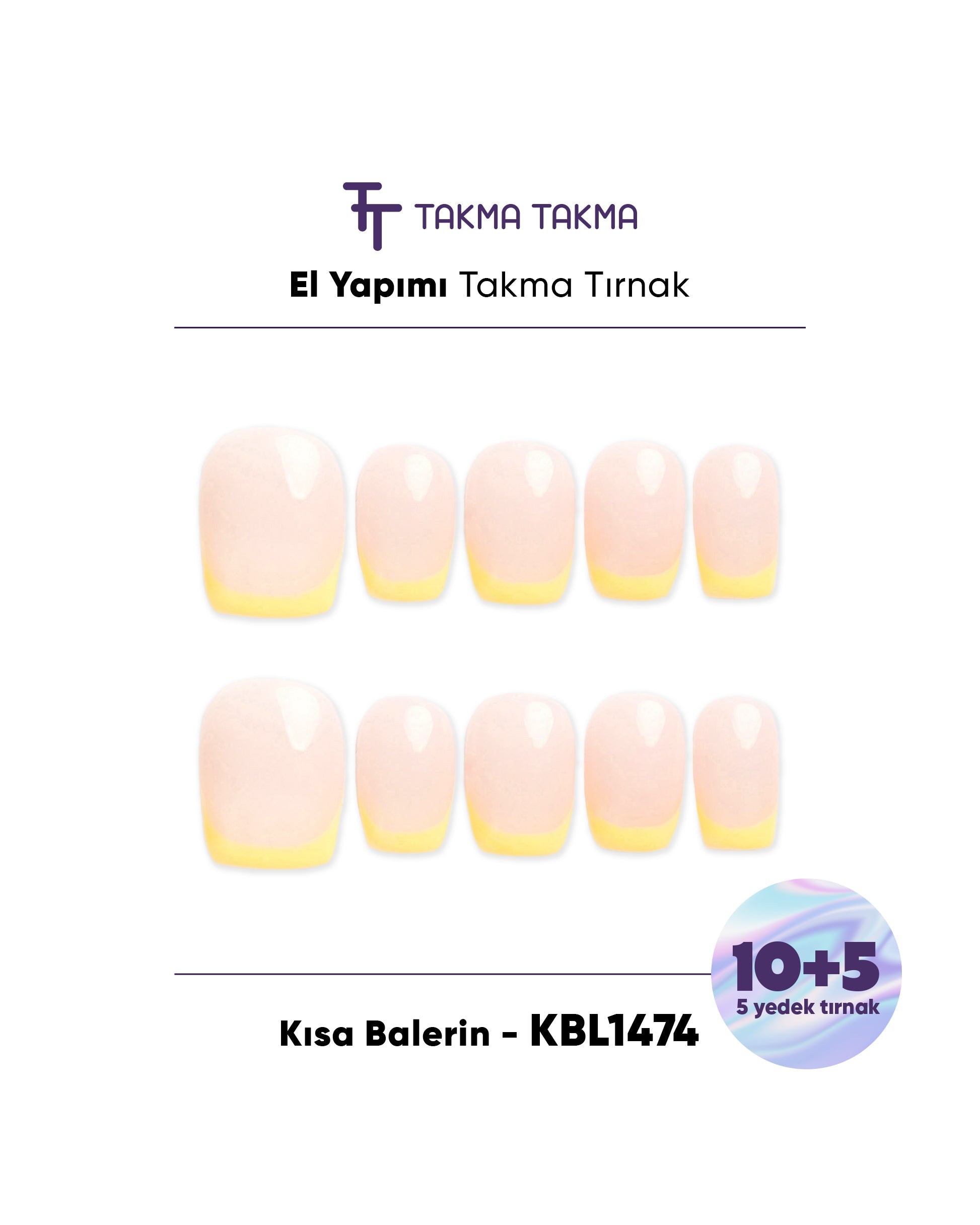 15'li Sarı Kısa Balerin KBL1474 Tekrar Kullanılabilir El Yapımı Protez Takma Tırnak Takma Takma