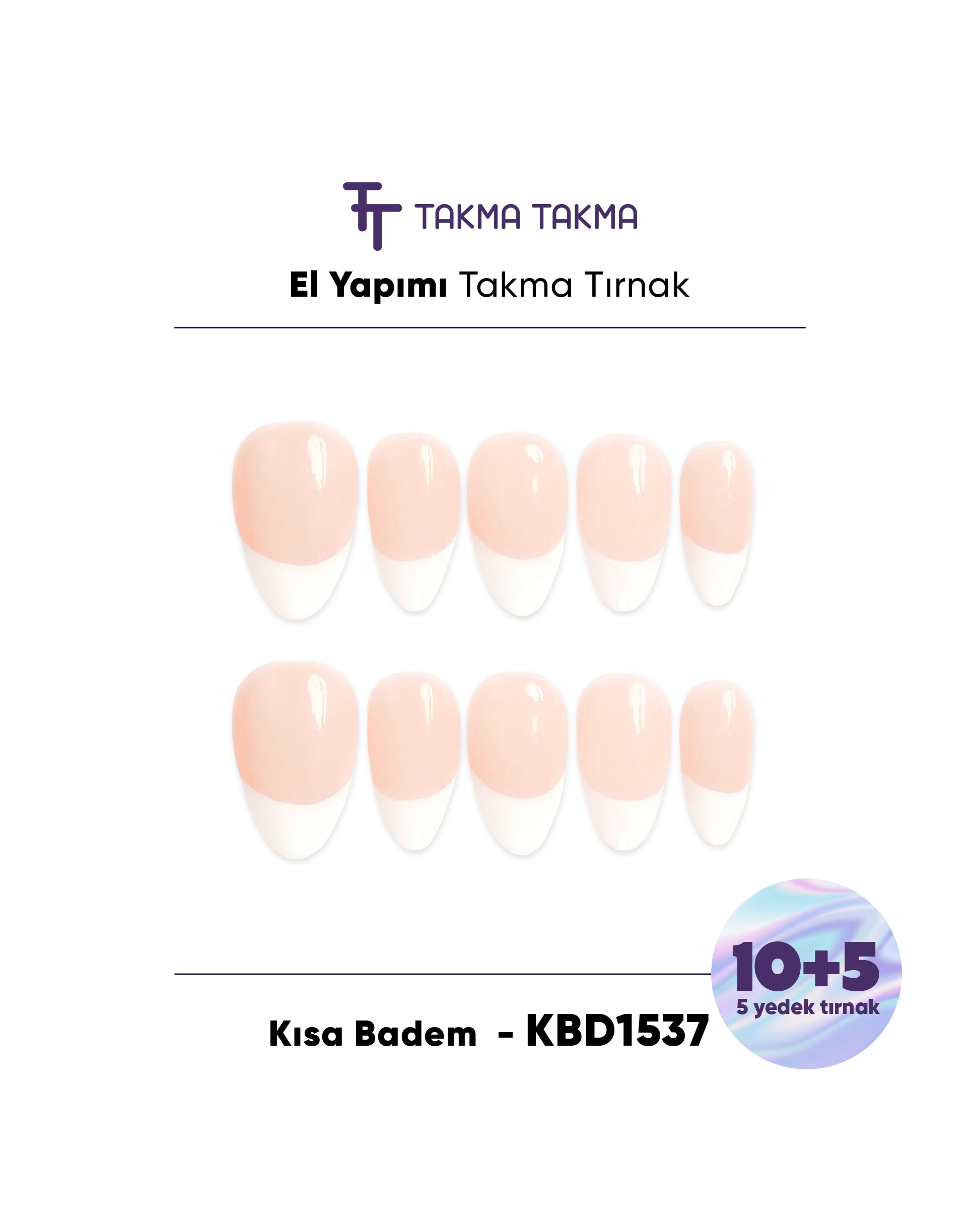 15'li Ten Kısa Badem KBDK1537FK Tekrar Kullanılabilir El Yapımı Protez Takma Tırnak Takma Takma