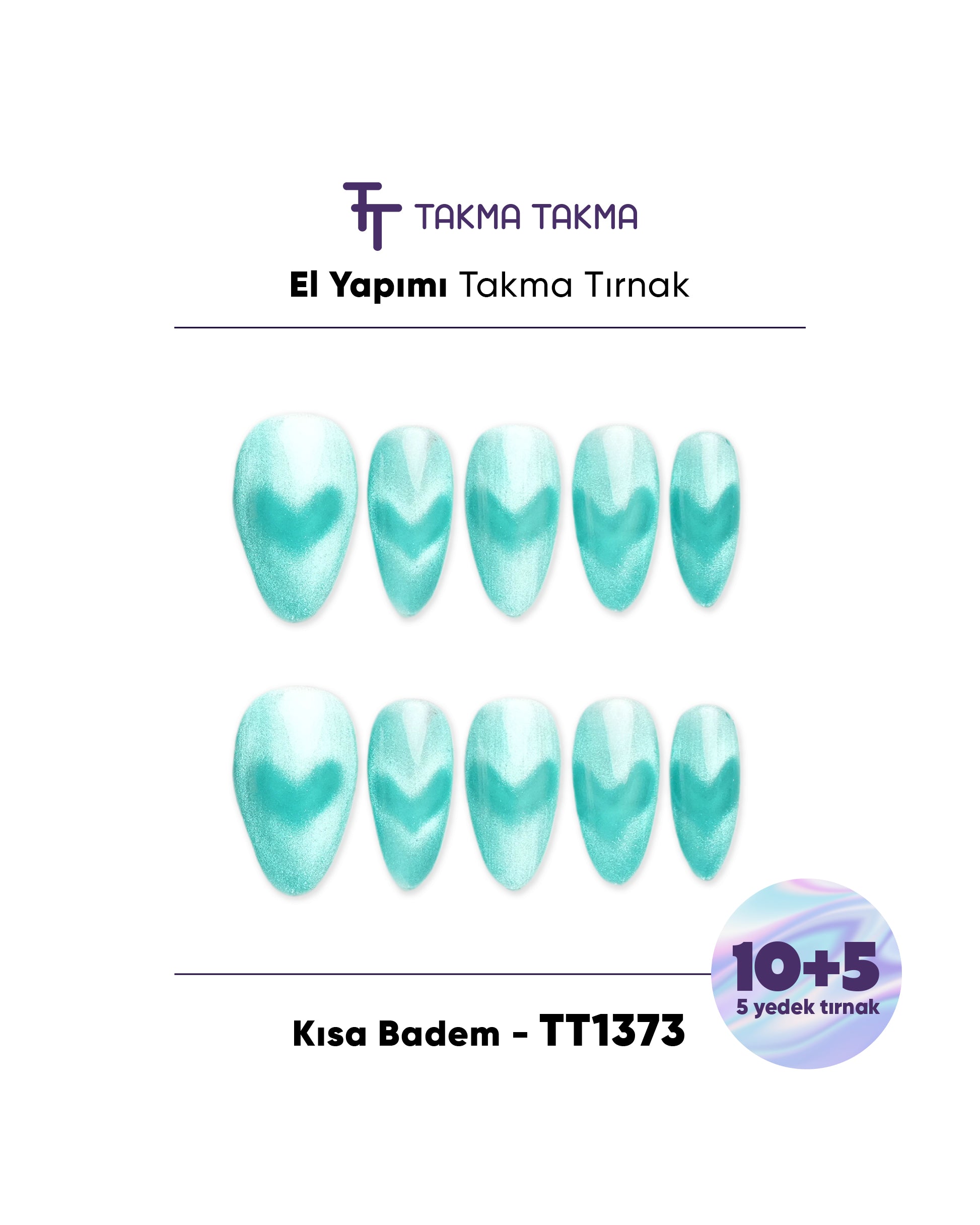 15'li Yeşil Kısa Badem TT1373 Tekrar Kullanılabilir El Yapımı Protez Takma Tırnak Takma Takma