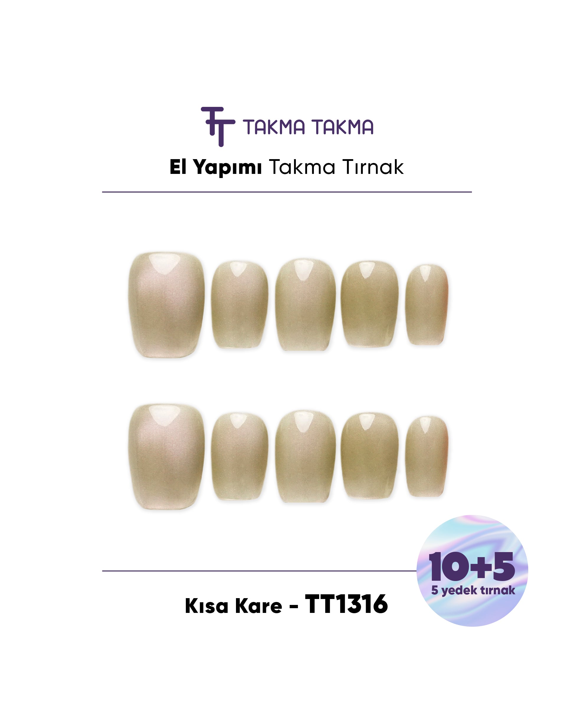 15'li Yeşil Kısa Kare TT1316 Tekrar Kullanılabilir El Yapımı Protez Takma Tırnak Takma Takma
