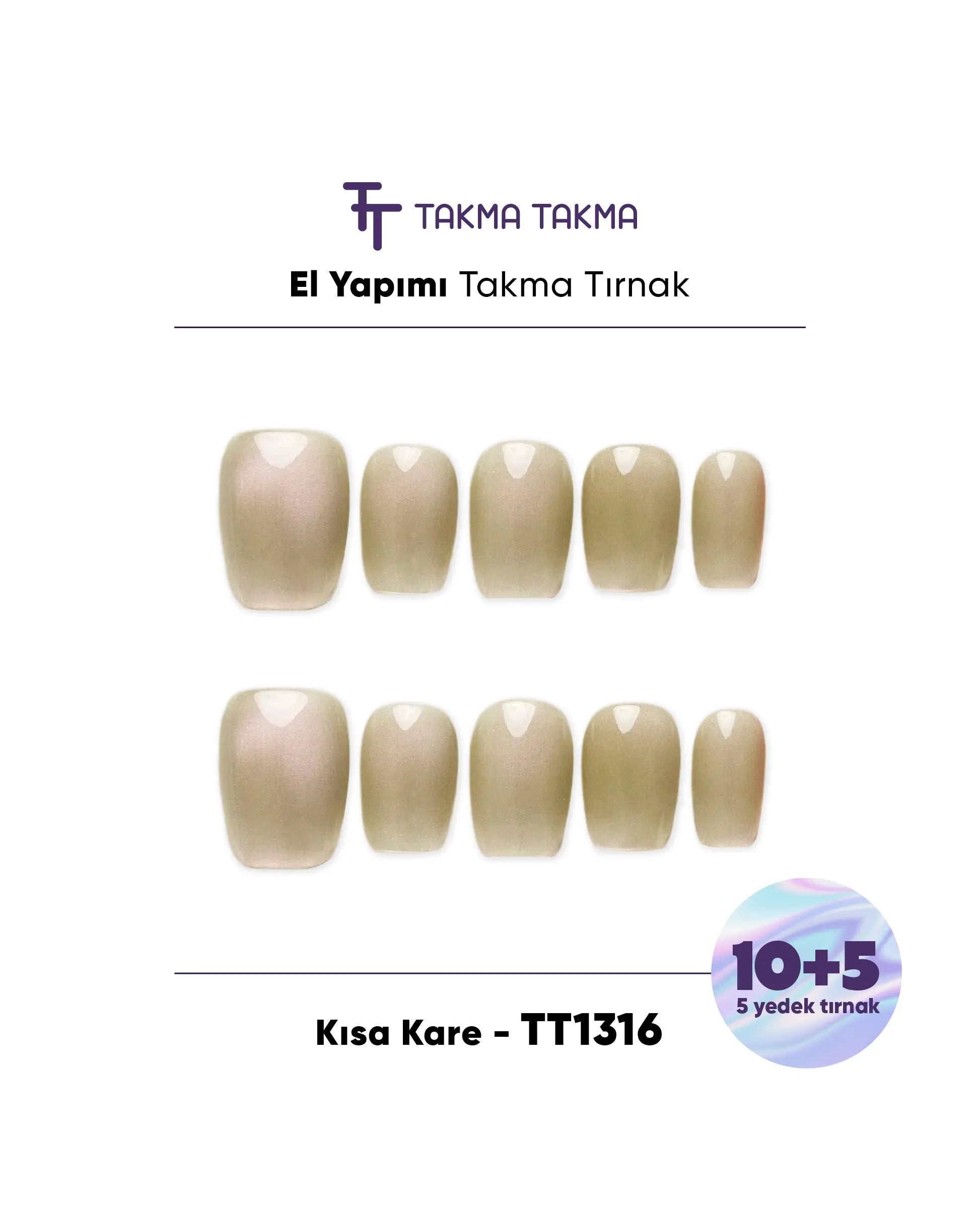 15'li Yeşil Kısa Kare TT1316 Tekrar Kullanılabilir El Yapımı Protez Takma Tırnak Takma Takma