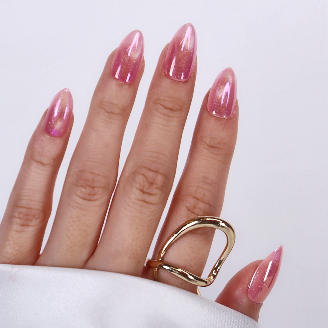 Şeker Pembe İnci Tozu Kısa Badem Soft Jel Standart Beden 30'lu Takma Tırnak MKBD3679