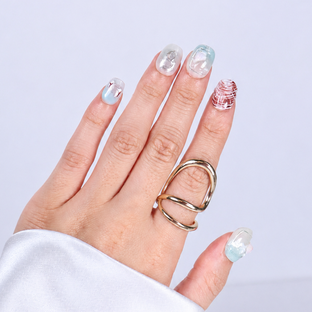 Mavi Nail Art Kısa Yuvarlak El Yapımı Jel Takma Tırnak KKYL-3502
