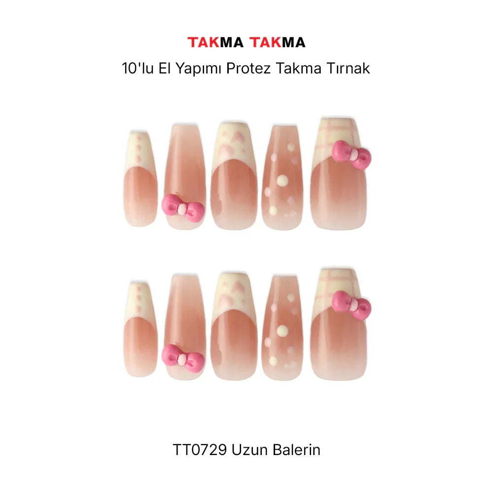 TT0729 - Pembe Fiyonk - 10'lu Tekrar Kullanılabilir El Yapımı Protez Takma Tırnak Takma Takma