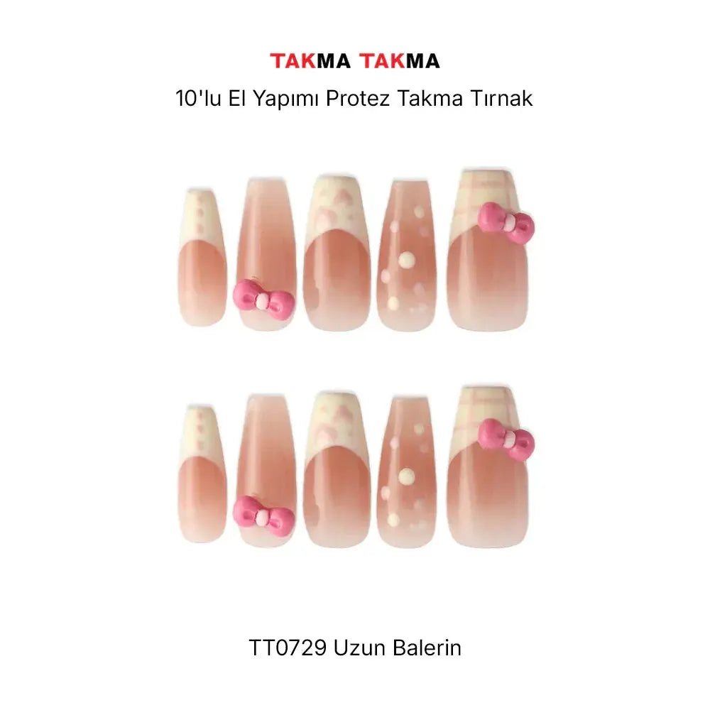 TT0729 - Pembe Fiyonk - 10'lu Tekrar Kullanılabilir El Yapımı Protez Takma Tırnak Takma Takma