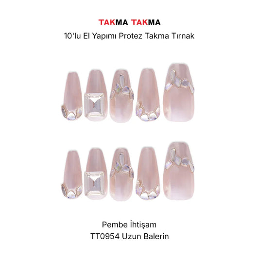 TT0954 - Pembe İhtişam - 10'lu Tekrar Kullanılabilir El Yapımı Protez Takma Tırnak