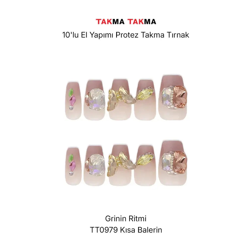 TT0979 - Grinin Ritmi - 10'lu Tekrar Kullanılabilir El Yapımı Protez Takma Tırnak Takma Takma