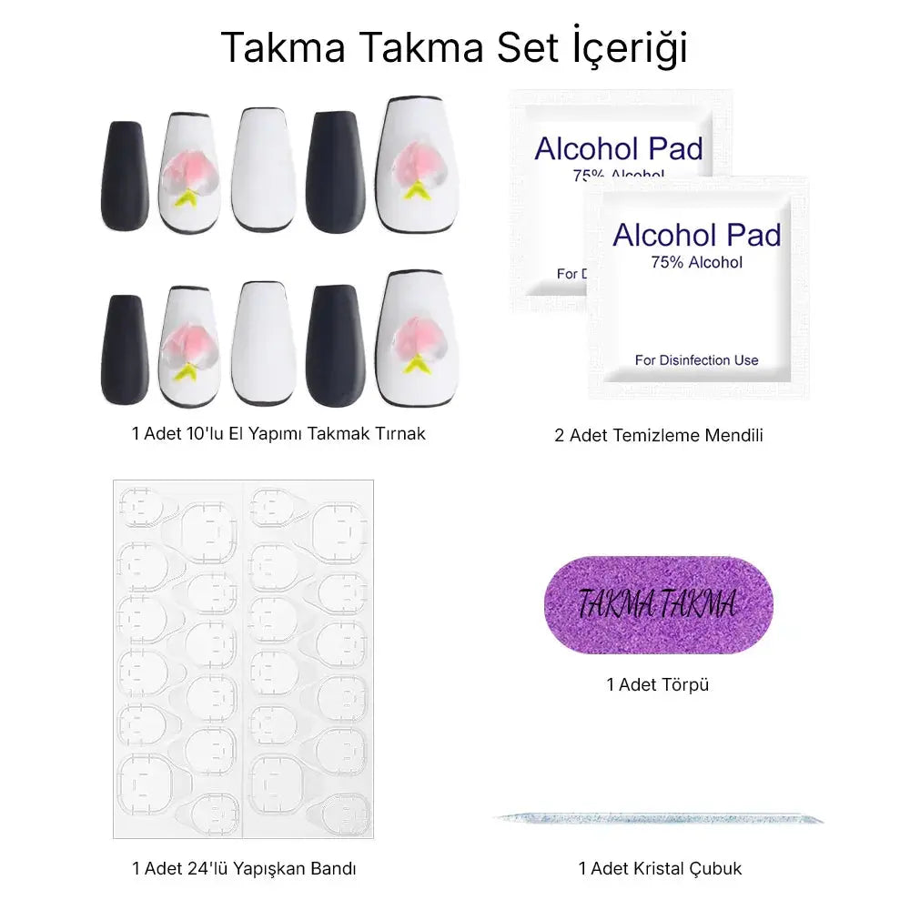 10'lu Beyaz Orta Balerin TT0528 Tekrar Kullanılabilir El Yapımı Protez Takma Tırnak Takma Takma