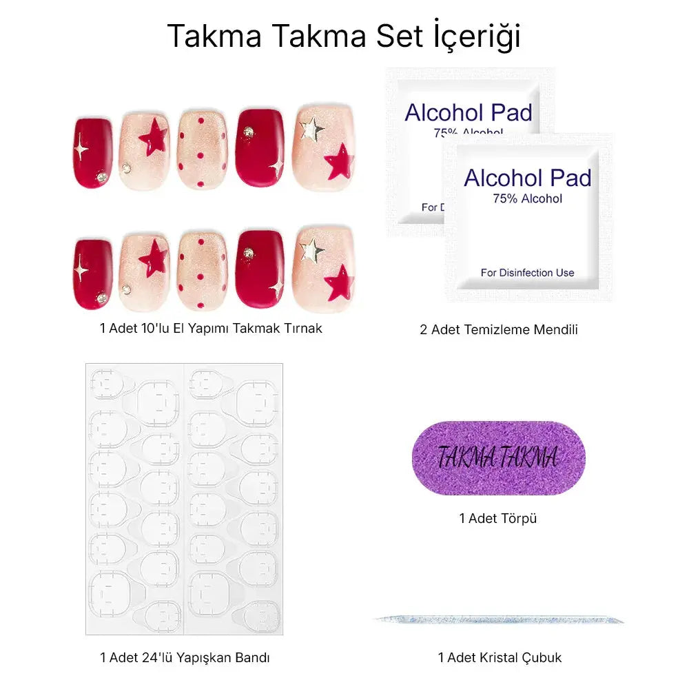 10'lu Kırmızı Kısa Balerin TT0711 Tekrar Kullanılabilir El Yapımı Protez Takma Tırnak Takma Takma