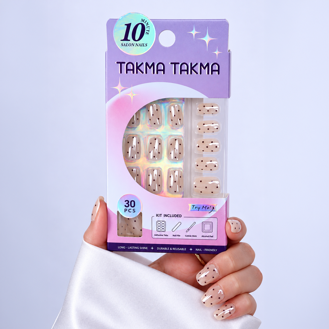 Bej Puantiye Kısa Balerin Soft Jel Standart Beden 30'lu Takma Tırnak MKBL3671