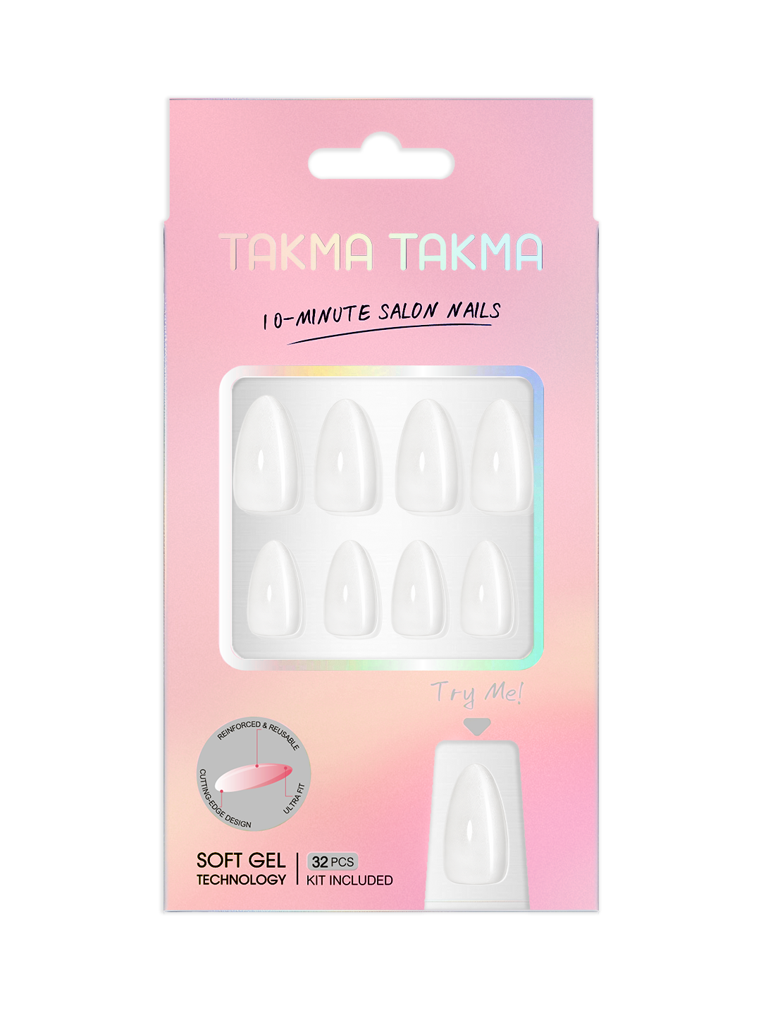Beyaz Simli Kısa Badem Soft Jel Takma Tırnak MKBD-3540