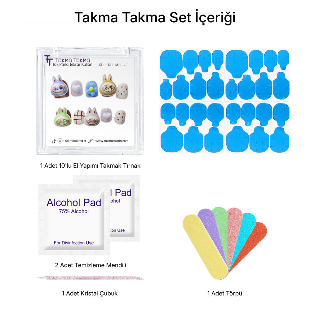 10'lu Renkli Çocuk Tırnağı CCT1494 Tekrar Kullanılabilir El Yapımı Protez Takma Tırnak Takma Takma