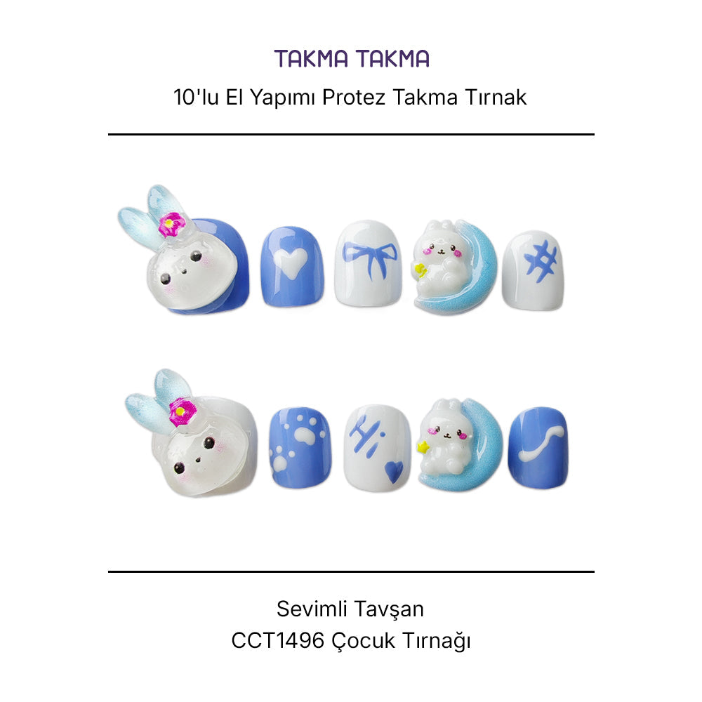 10'lu Mavi Çocuk Tırnağı CT1496 Tekrar Kullanılabilir El Yapımı Protez Takma Tırnak Takma Takma