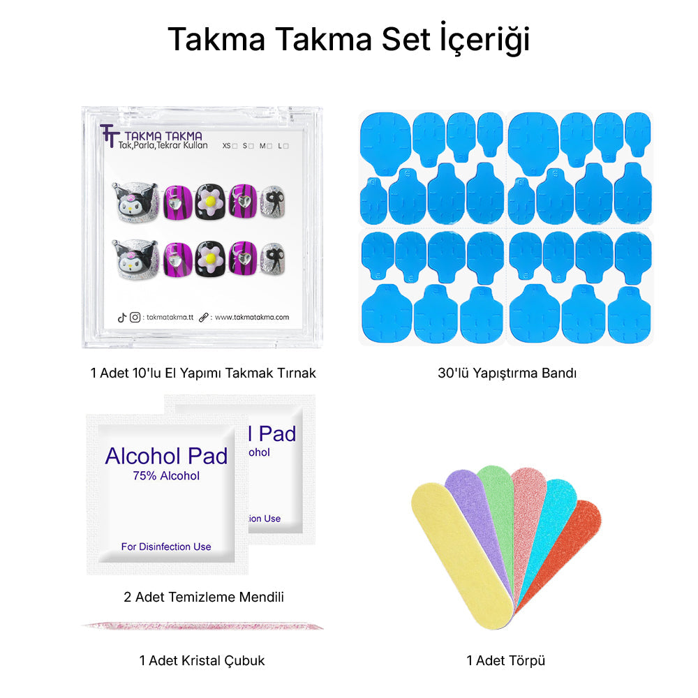 10'lu Mor Çocuk Tırnağı CCT1502 Tekrar Kullanılabilir El Yapımı Protez Takma Tırnak Takma Takma