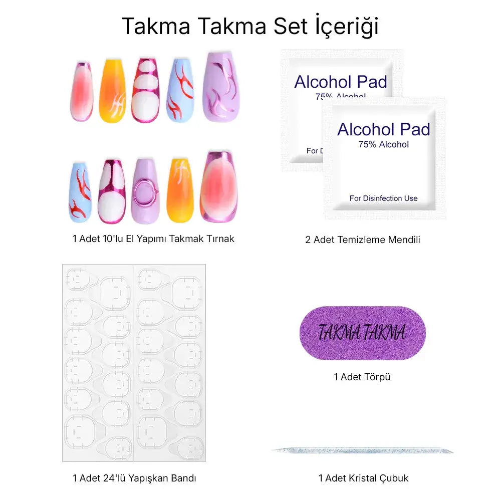 10'lu Renkli Uzun Balerin TT0526 Tekrar Kullanılabilir El Yapımı Protez Takma Tırnak Takma Takma