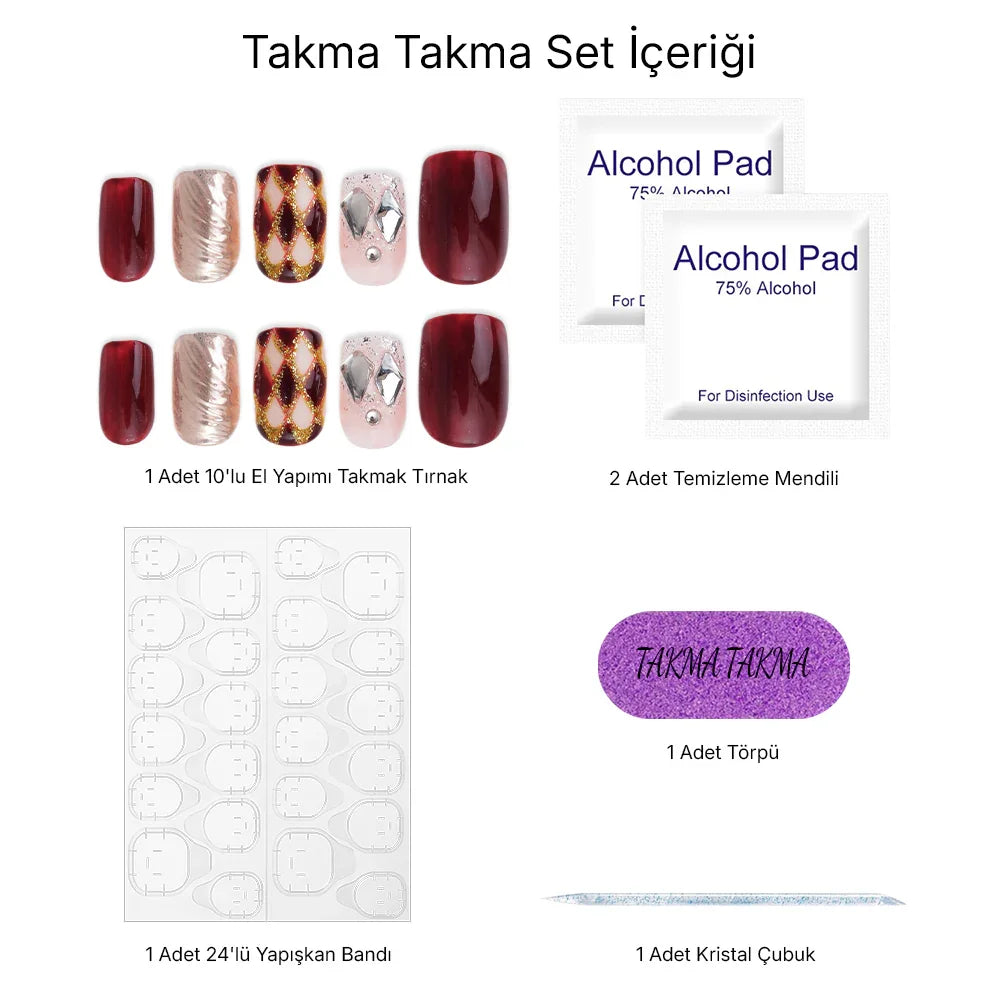 Kısa Kare Gümüş Ay - 10'lu Tekrar Kullanılabilir El Yapımı Protez Takma Tırnak