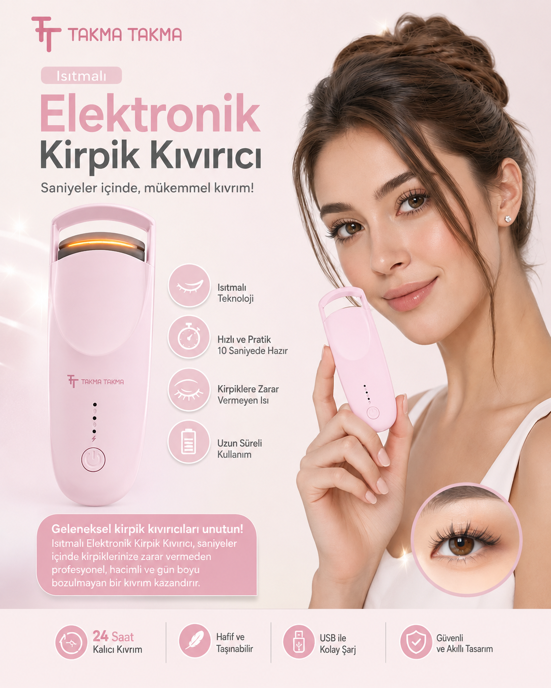 Kirpik Kıvırıcı Kirpik Şekillendirici Elektronik Isıtmalı Şarjlı – 2 Isıtma Modlu, 5 Saniyede Hızlı Isınma, Uzun Süre Kalıcı Etki, Şarj Edilebilir Pembe