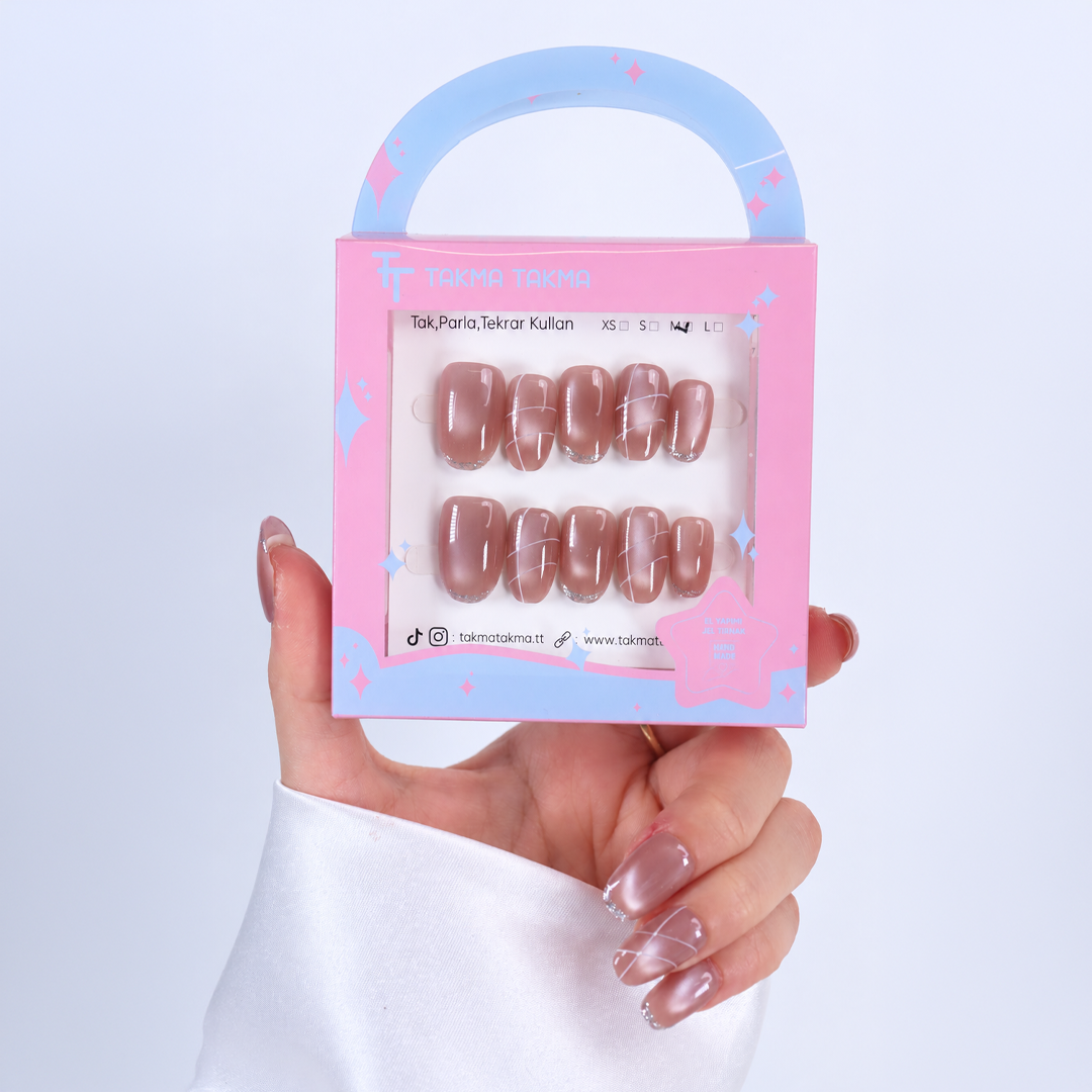 Pembe Nail Art Kısa Oval 10'lu Tekrar Kullanılabilir El Yapımı Protez Takma Tırnak