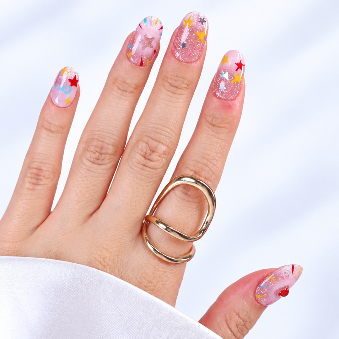 Renkli Nail Art Kısa Oval 10'lu Tekrar Kullanılabilir El Yapımı Protez Takma Tırnak EKOV-3544