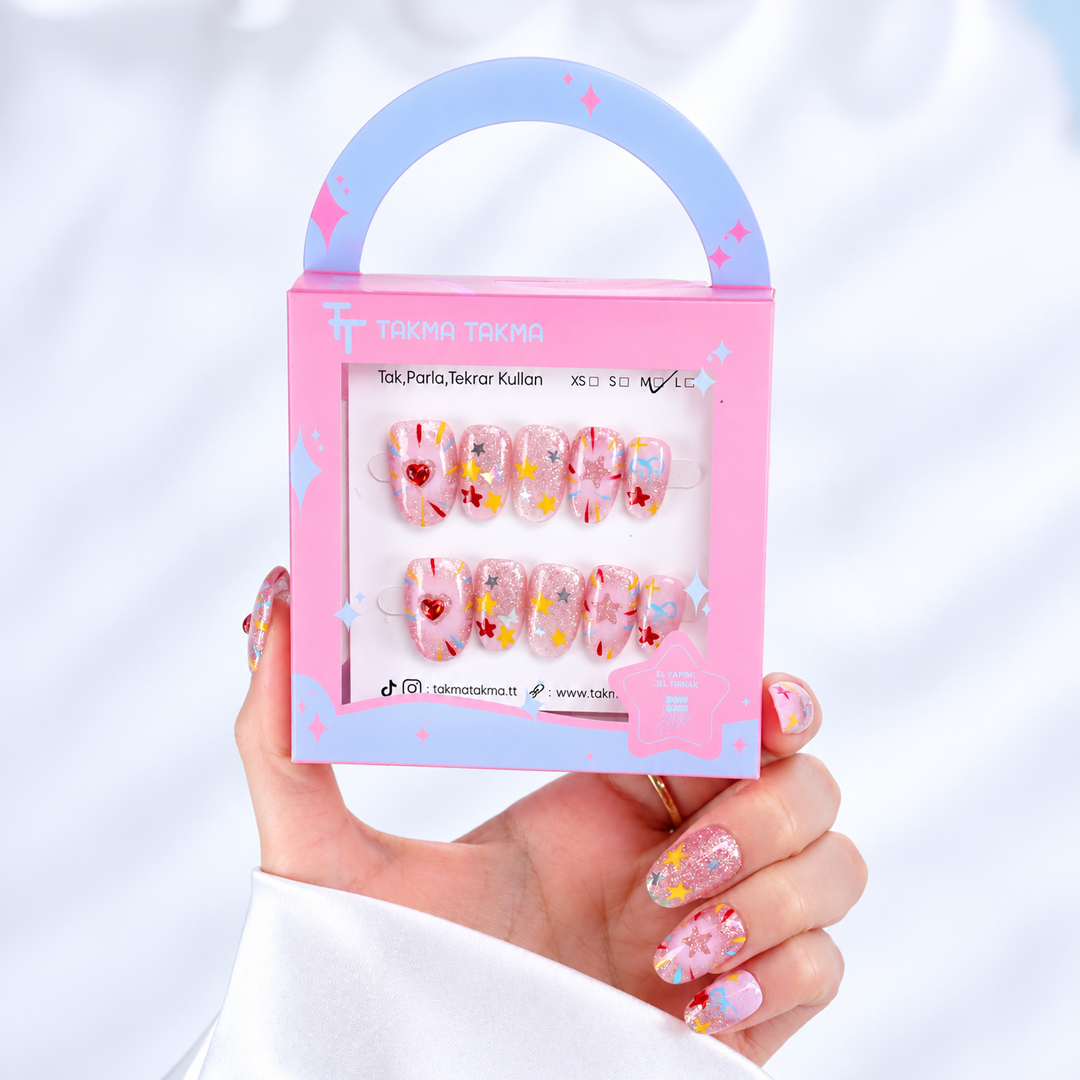 Renkli Nail Art Kısa Oval 10'lu Tekrar Kullanılabilir El Yapımı Protez Takma Tırnak EKOV-3544 – görsel 2