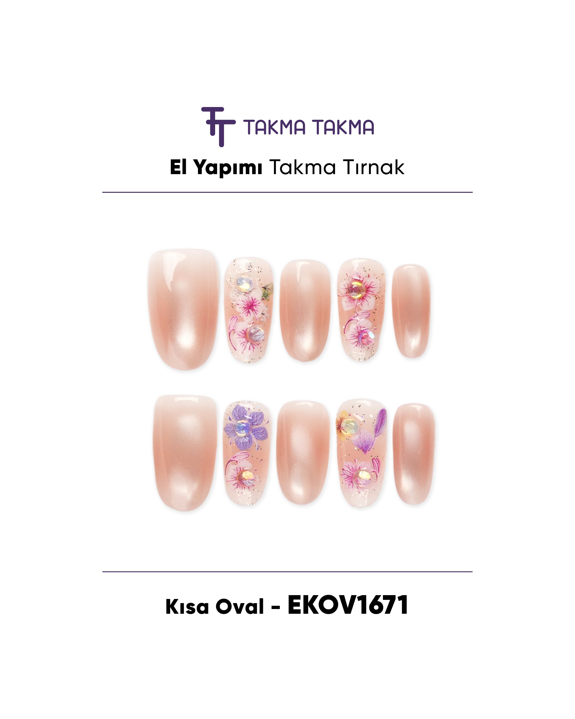 EKOV1671 Kısa Oval 10'lu Tekrar Kullanılabilir El Yapımı Protez Takma Tırnak Takma Takma