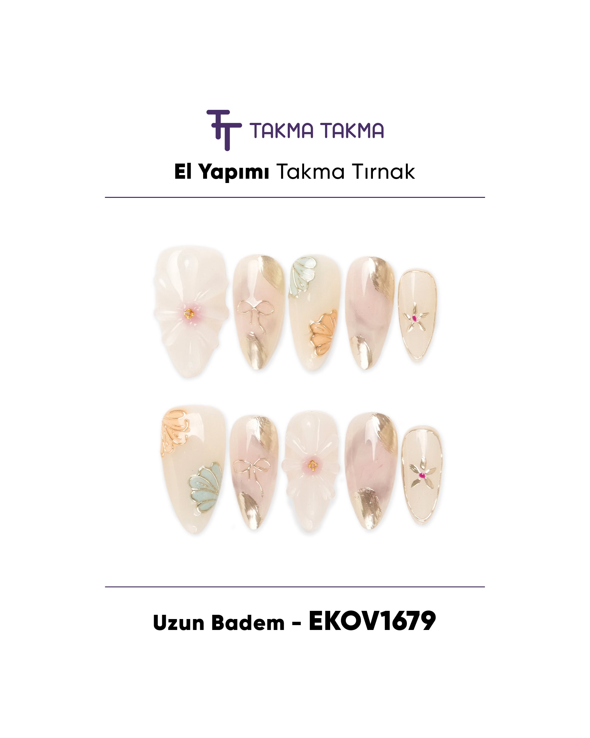 EKOV1679 Uzun Badem 10'lu Tekrar Kullanılabilir El Yapımı Protez Takma Tırnak Takma Takma