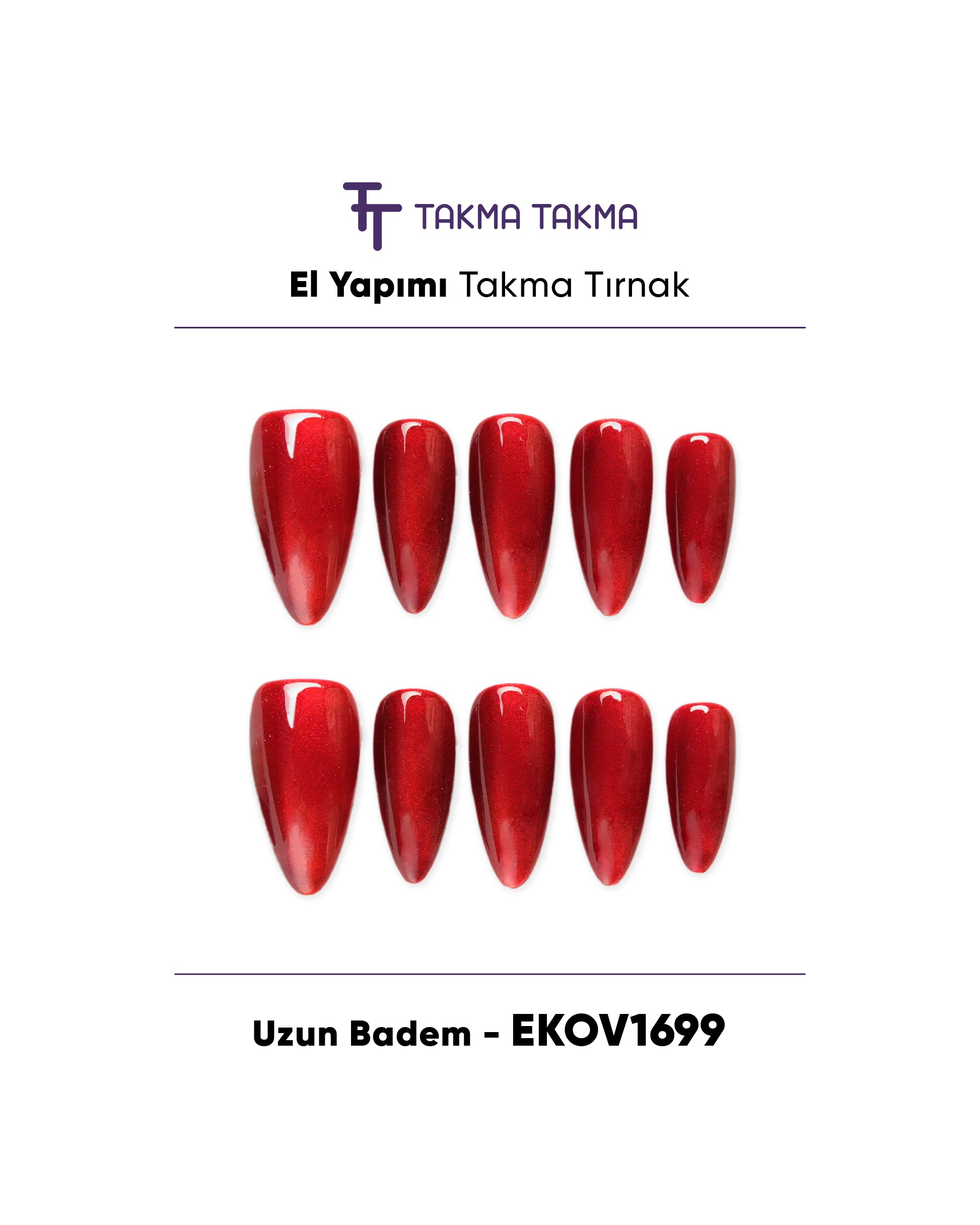 EKOV1699 Uzun Badem 10'lu Tekrar Kullanılabilir El Yapımı Protez Takma Tırnak Takma Takma