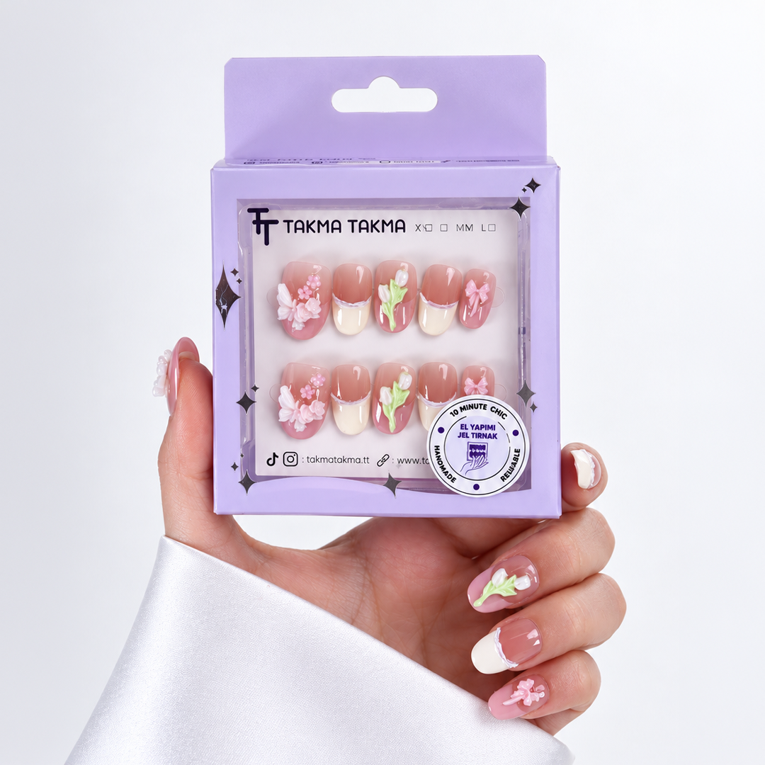 Pembe Nail Art Kısa Oval 10'lu Tekrar Kullanılabilir El Yapımı Protez Takma Tırnak EKOV3010