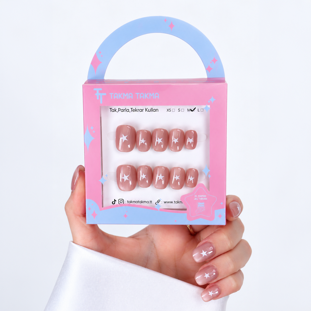 Pembe Nail Art Kısa Yuvarlak El Yapımı Takma Tırnak 10'lu EKYL-3522