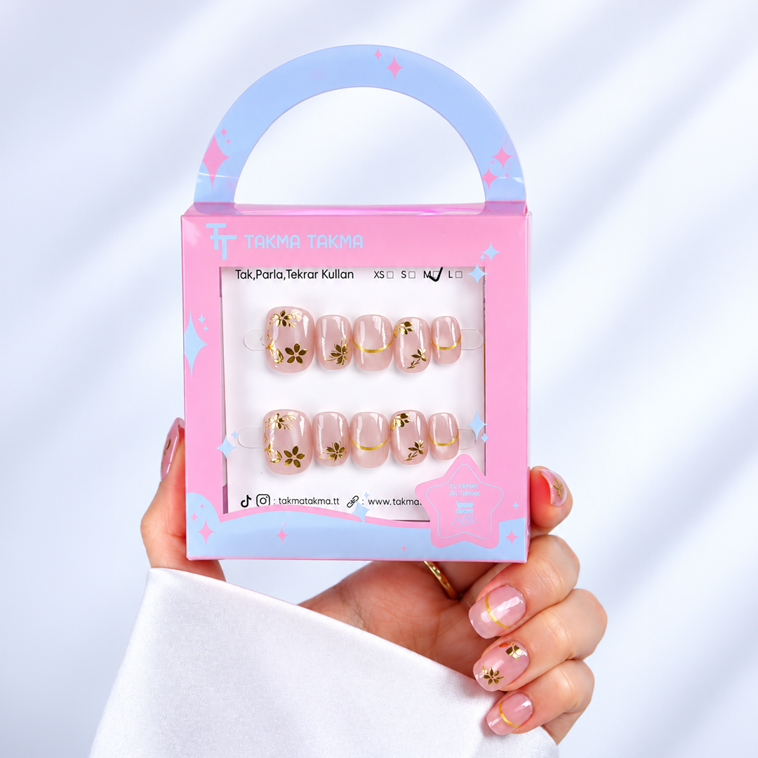 Pembe Nail Art Kısa Yuvarlark 10'lu Tekrar Kullanılabilir El Yapımı Protez Takma Tırnak EKYL-3524