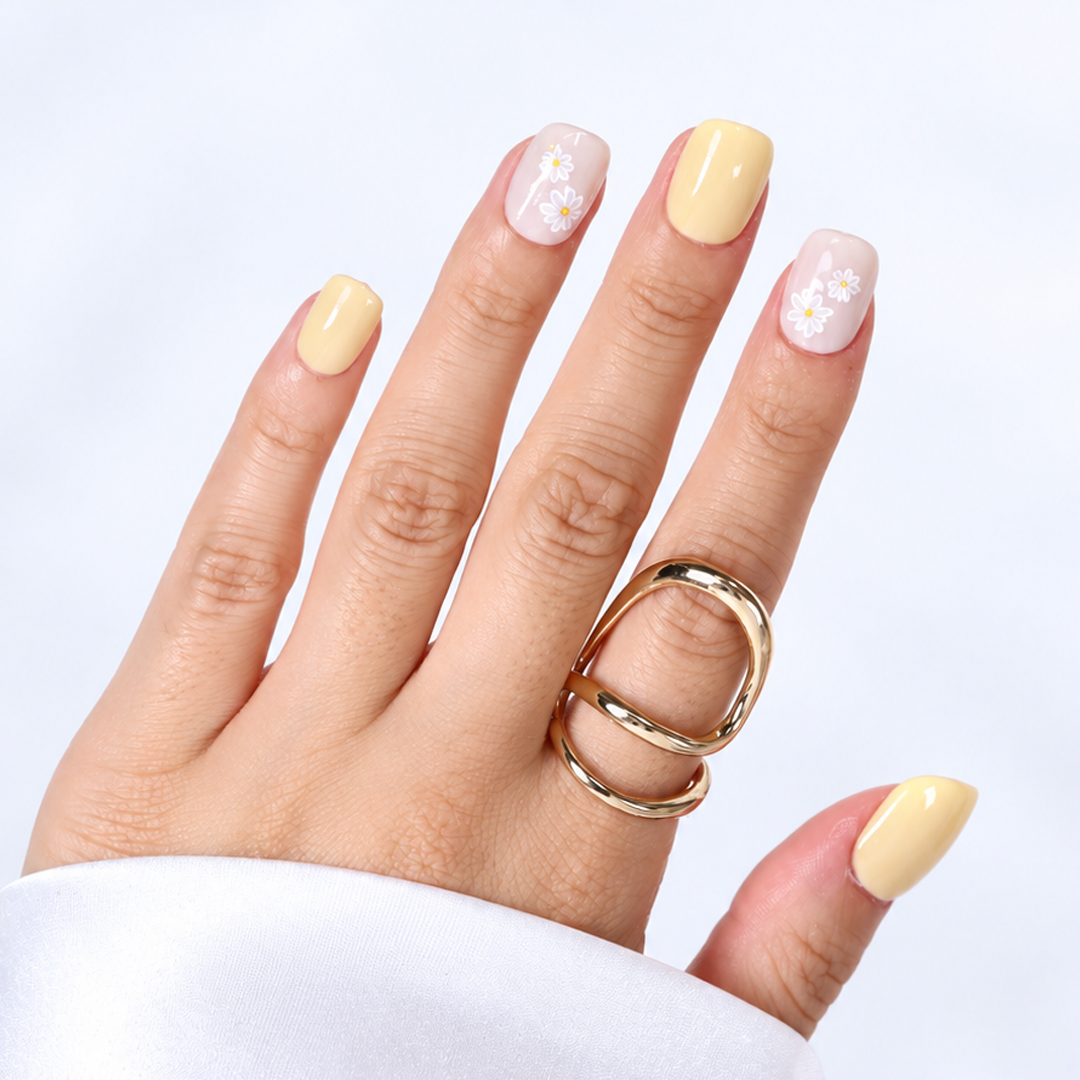 Sarı Nail Art Kısa Yuvarlark 10'lu Tekrar Kullanılabilir El Yapımı Protez Takma Tırnak EKYL-3550