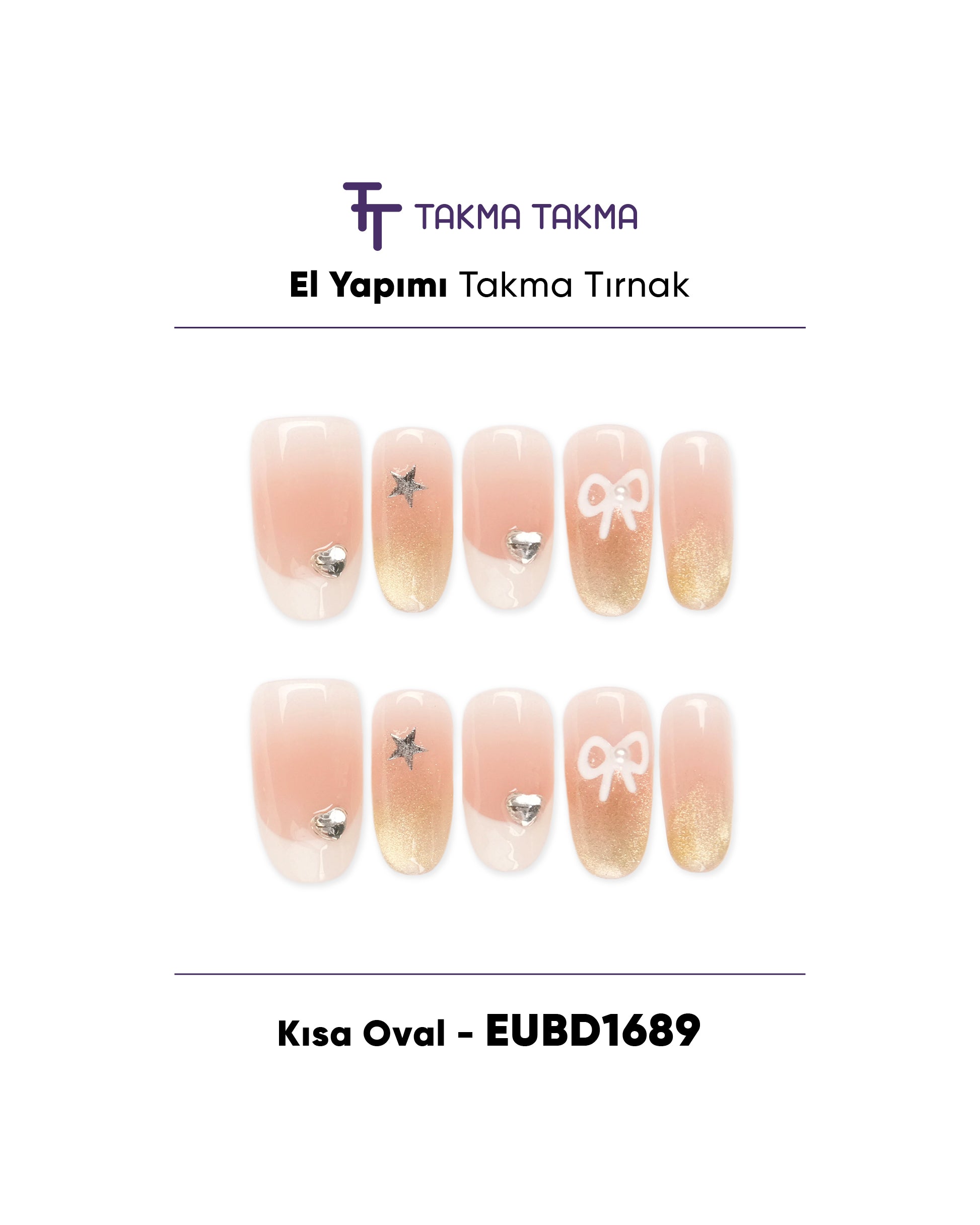 EUBD1689 Kısa Oval 10'lu Tekrar Kullanılabilir El Yapımı Protez Takma Tırnak Takma Takma