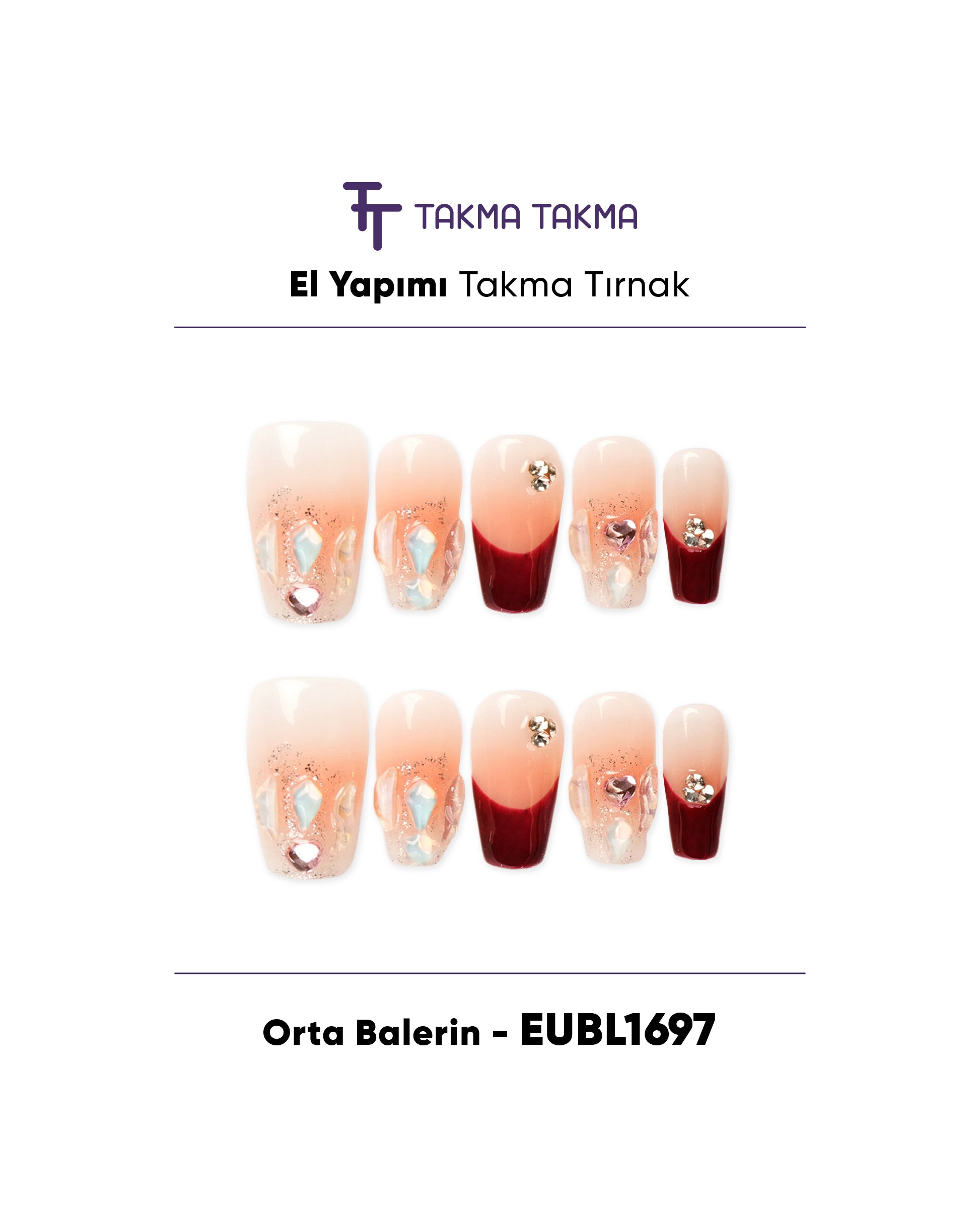 EUBL1697 Orta Balerin 10'lu Tekrar Kullanılabilir El Yapımı Protez Takma Tırnak Takma Takma